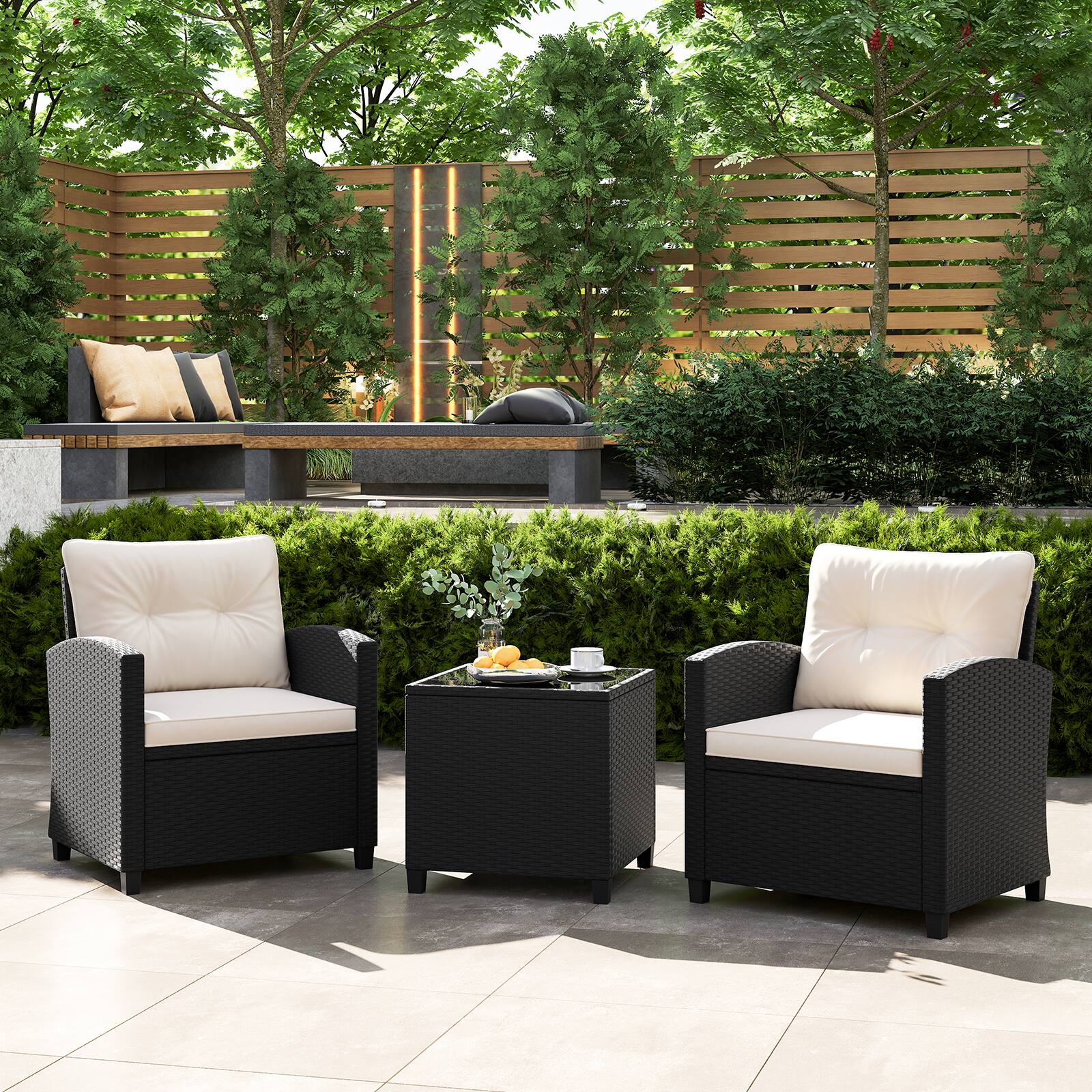 Alt View 1. Costway - 3 PCS Patio Furniture Set with Tempered Glass Coffee Table Washable Cushions - Off White,Black.
