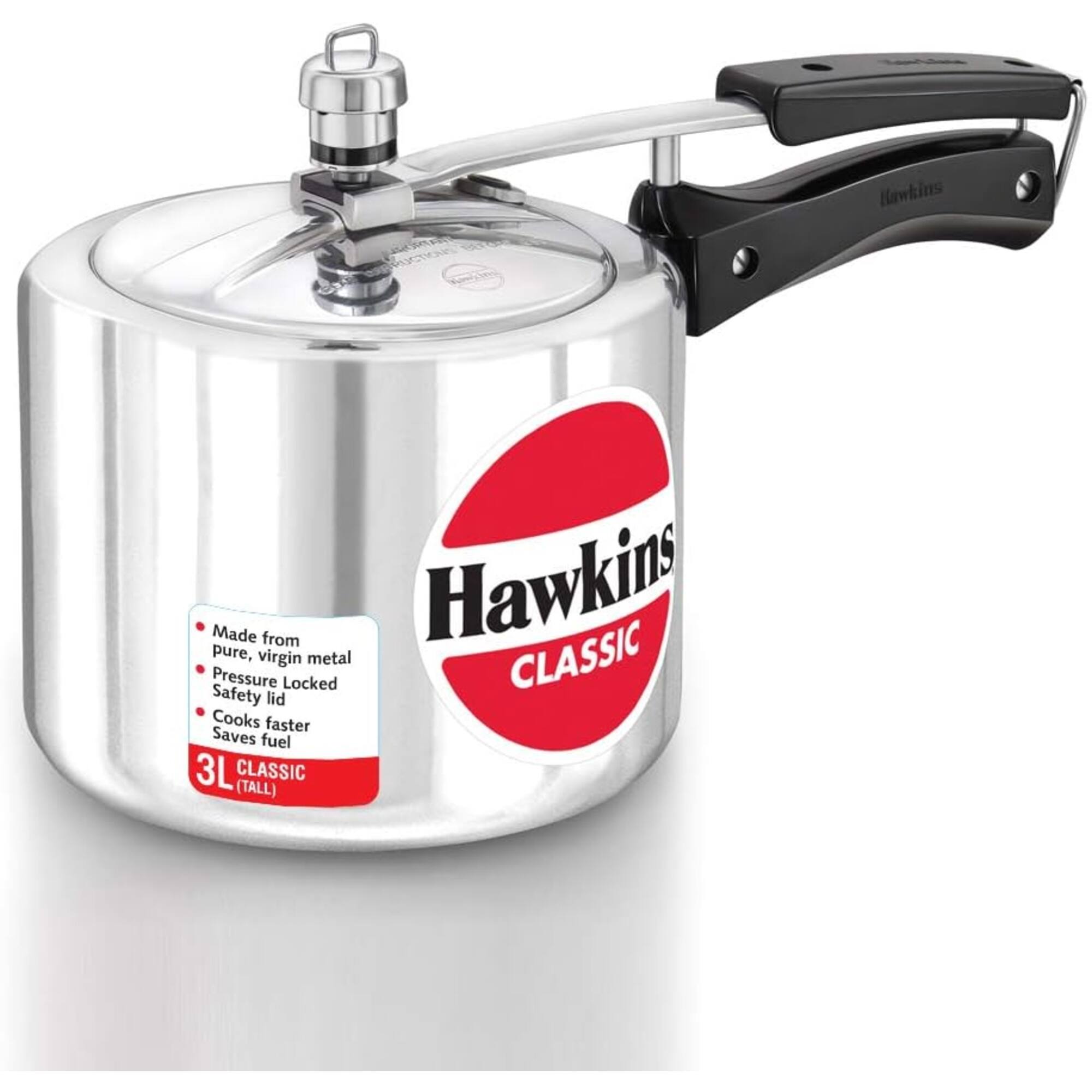 Hawkins

- Made from pure, virgin metal
- Pressure Locked Safety lid
- Cooks faster
- Saves fuel

3L CLASSIC (TALL)