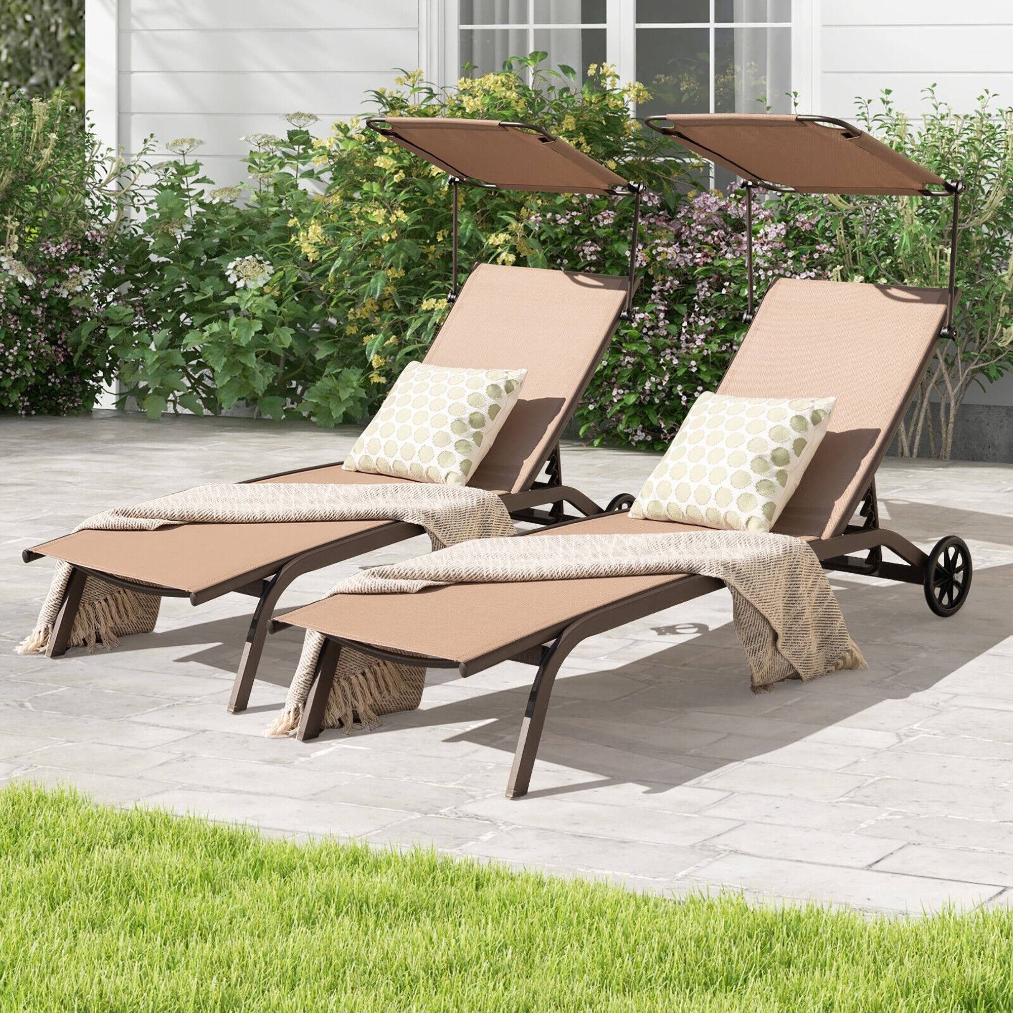 Alt View 3. Gymax - Gymax 2PCS Patio Chaise Lounge Chair Heavy-Duty Lounger Canopy Cup holder Wheeled 6-Level - Brown.