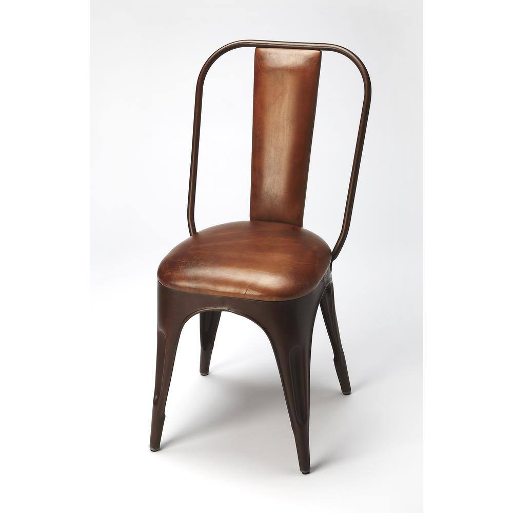 Front. Butler Specialty - Riggins Iron & Leather Side Chair - Medium Brown.