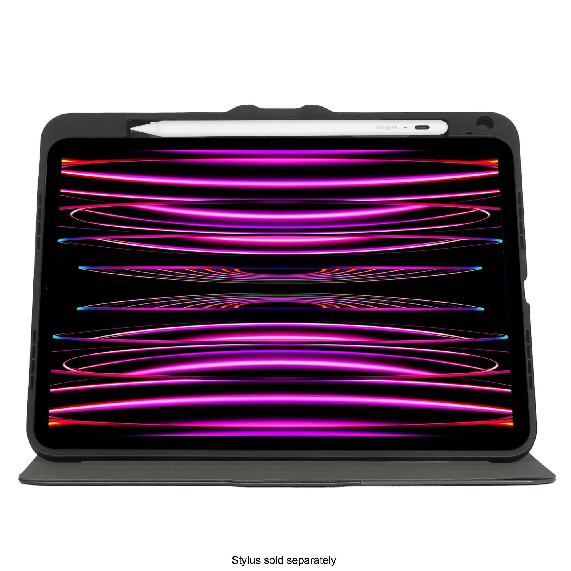 The image features a laptop computer with a purple and pink striped background. The laptop is open, and the screen displays a colorful, abstract pattern. The laptop is black and has a stylus, which is sold separately.