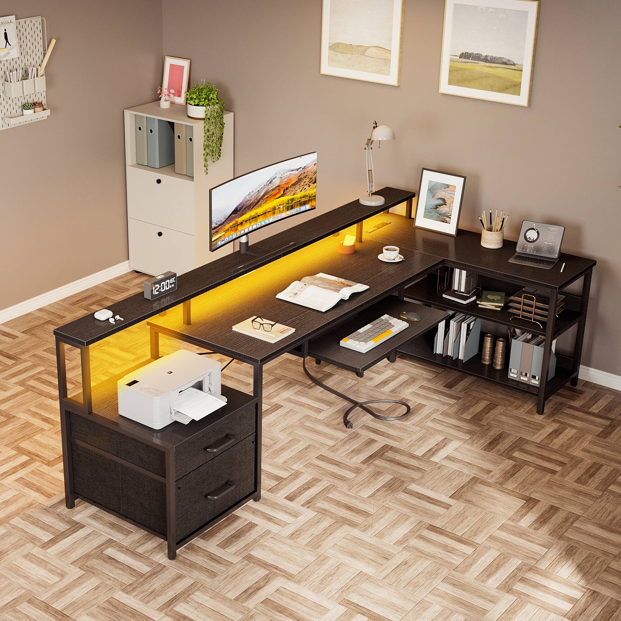 Alt View 2. AODK - L-Shaped Reversible Computer Desk with LED Lights, File Drawer, Power Outlets, Storage Shelves & Keyboard Tray - Black.