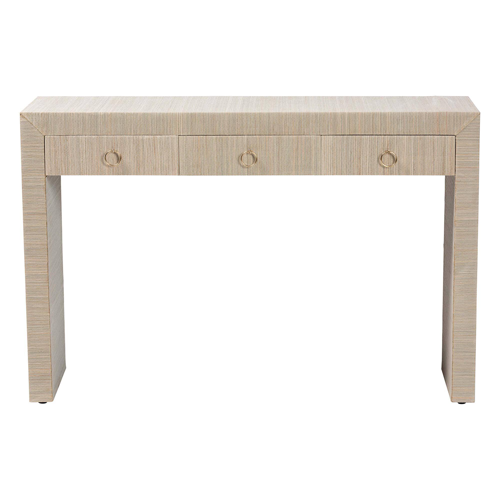 Left. bali & pari - Cielo Bohemian Woven Grasscloth 3-Drawer Console Table - Natural/Gold.