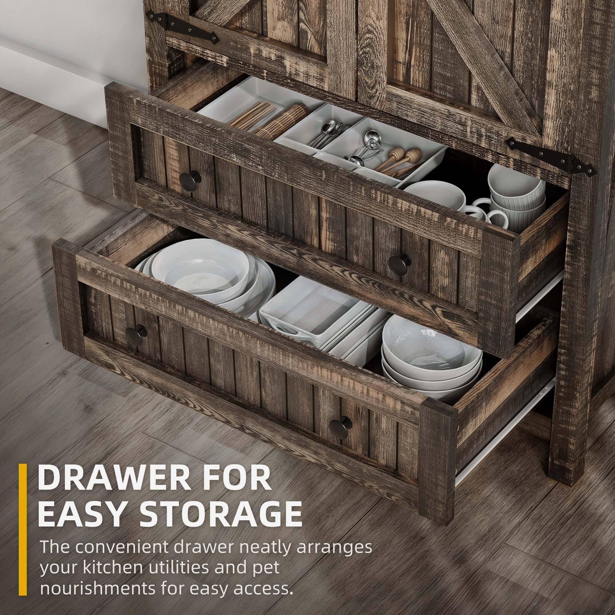 DRAWER FOR EASY STORAGE

The convenient drawer neatly arranges your kitchen utilities and pet nourishments for easy access.