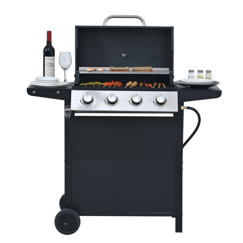 Angle. Resenkos - Propane Gas Grill 4 Burner Barbecue Grill, Stainless Steel 34,000 BTU Patio Garden Barbecue Grill, Black.