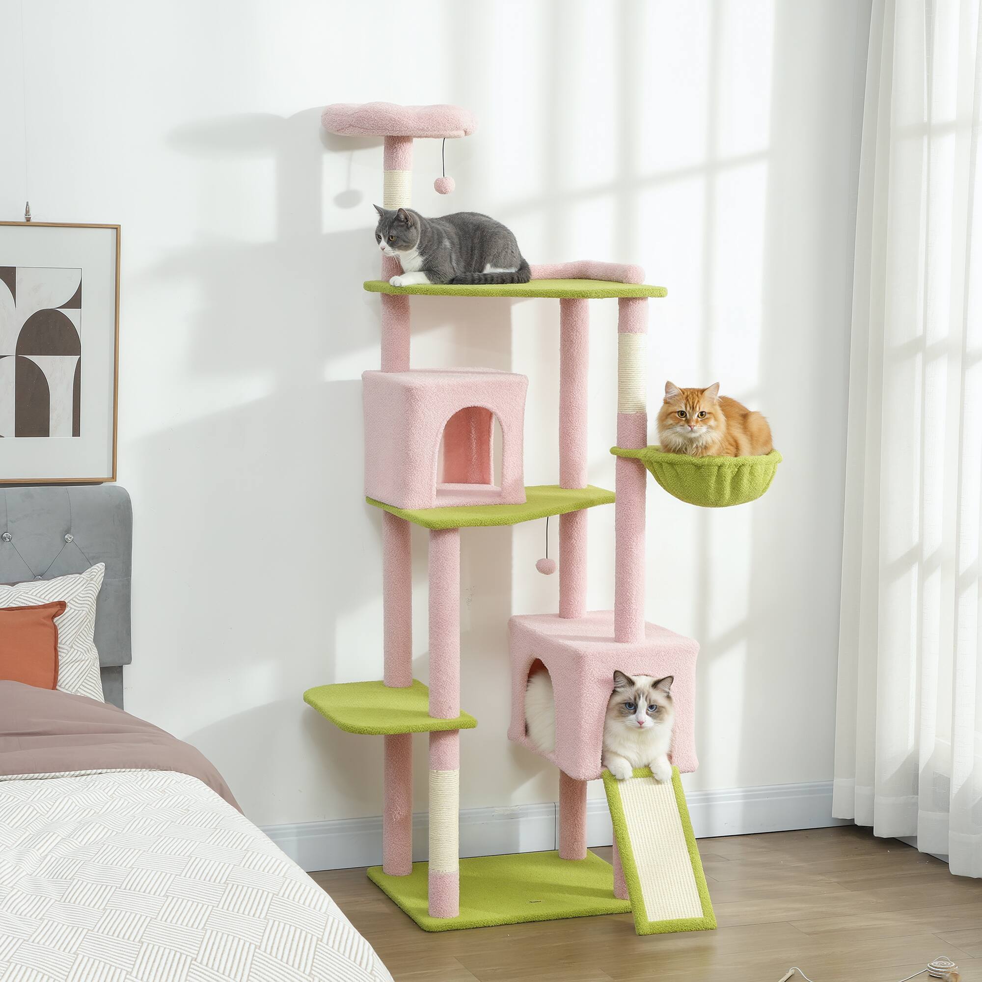 Angle. Pawhut - Flower Cat Tree, 74" Large Cat Tower with Metal Frame Hammock, Scratcher Ramp, 3 Scratching Posts, 2 Condos, Perches - Pink.