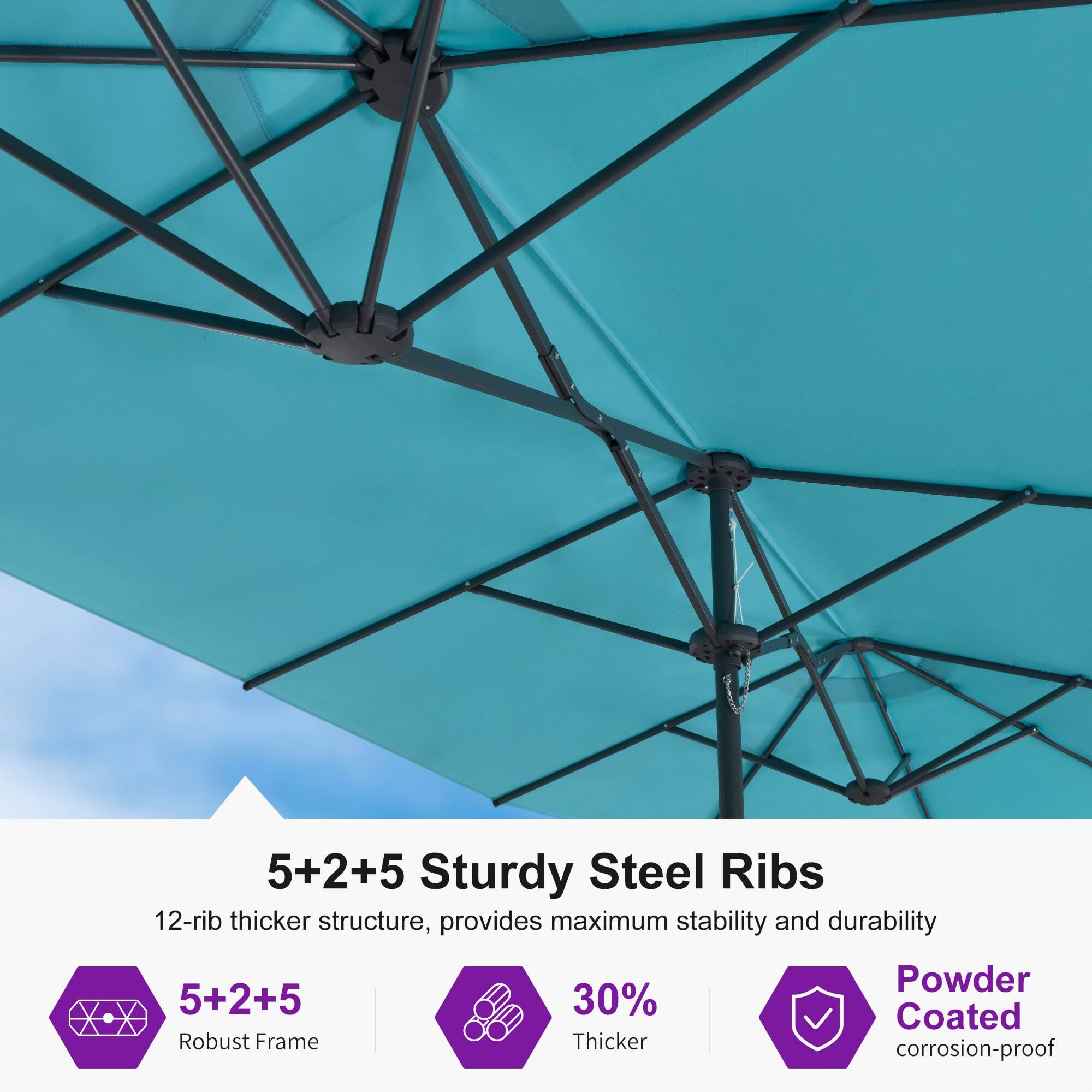 5+2+5 Sturdy Steel Ribs  
12-rib thicker structure, provides maximum stability and durability  

5+2+5  
Robust Frame  

30% Thicker  

Powder Coated  
corrosion-proof