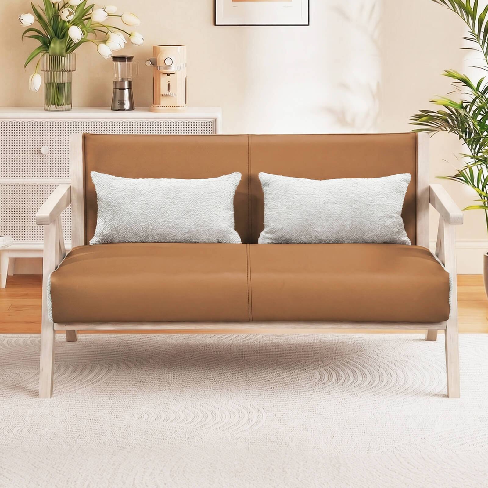 Alt View 3. Costway - Costway Loveseat Sofa for Small Spaces Artificial Leather Armchair with Throw Pillows - Brown.