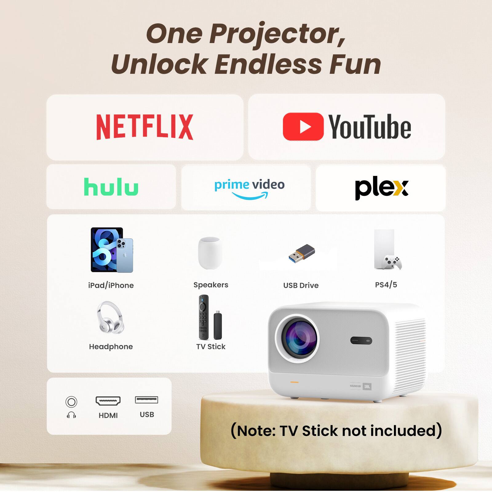 One Projector, Unlock Endless Fun
NETFLIX YouTube hulu prime video plex
iPad/iPhone Speakers USB Drive PS4/5
Headphone TV Stick
HDMI USB
(Note: TV Stick not included)