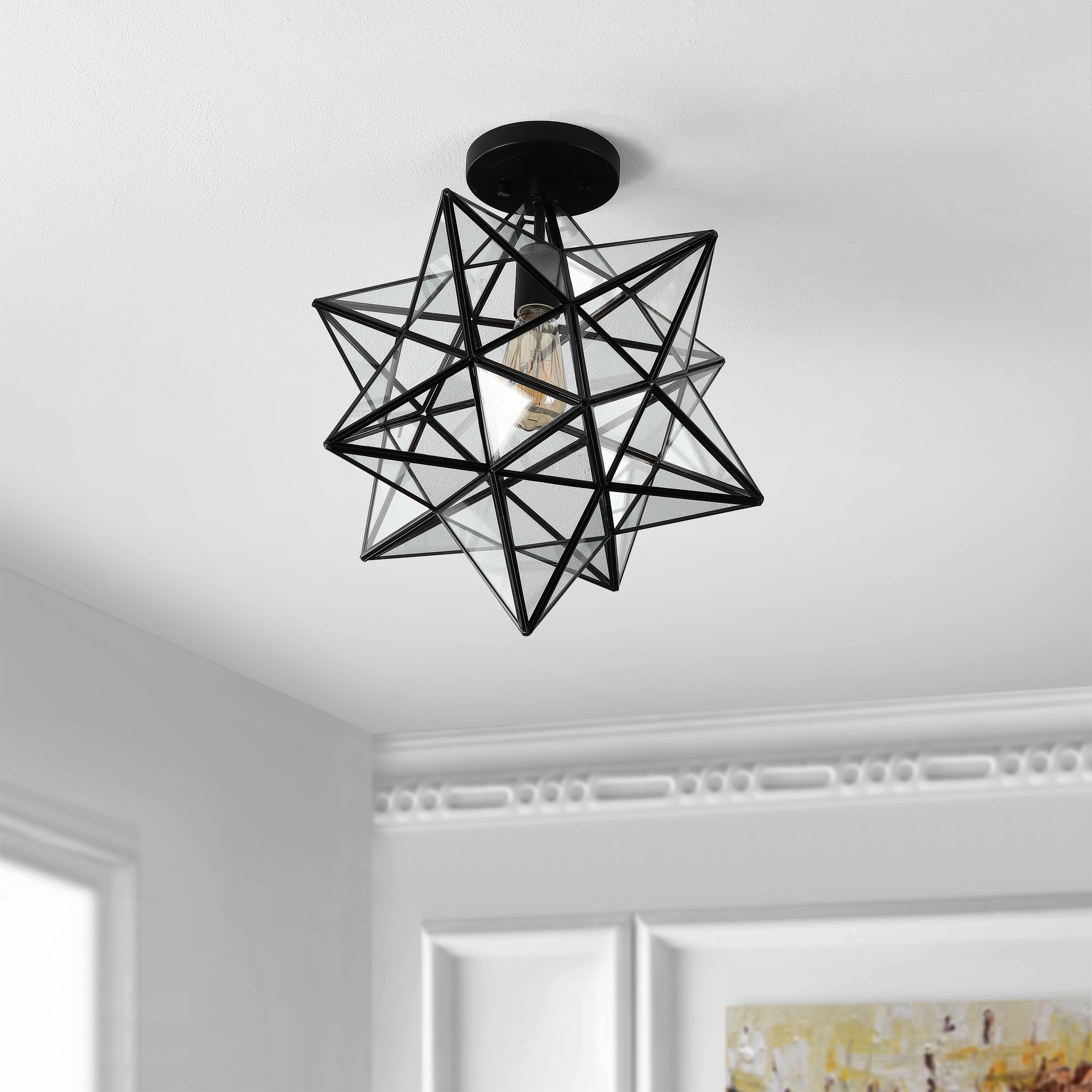Alt View 5. Jonathan Y - Ava 14.5" 1-Light Farmhouse Bohemian Iron/Glass LED Semi Flush Mount, Black/Clear - Black.