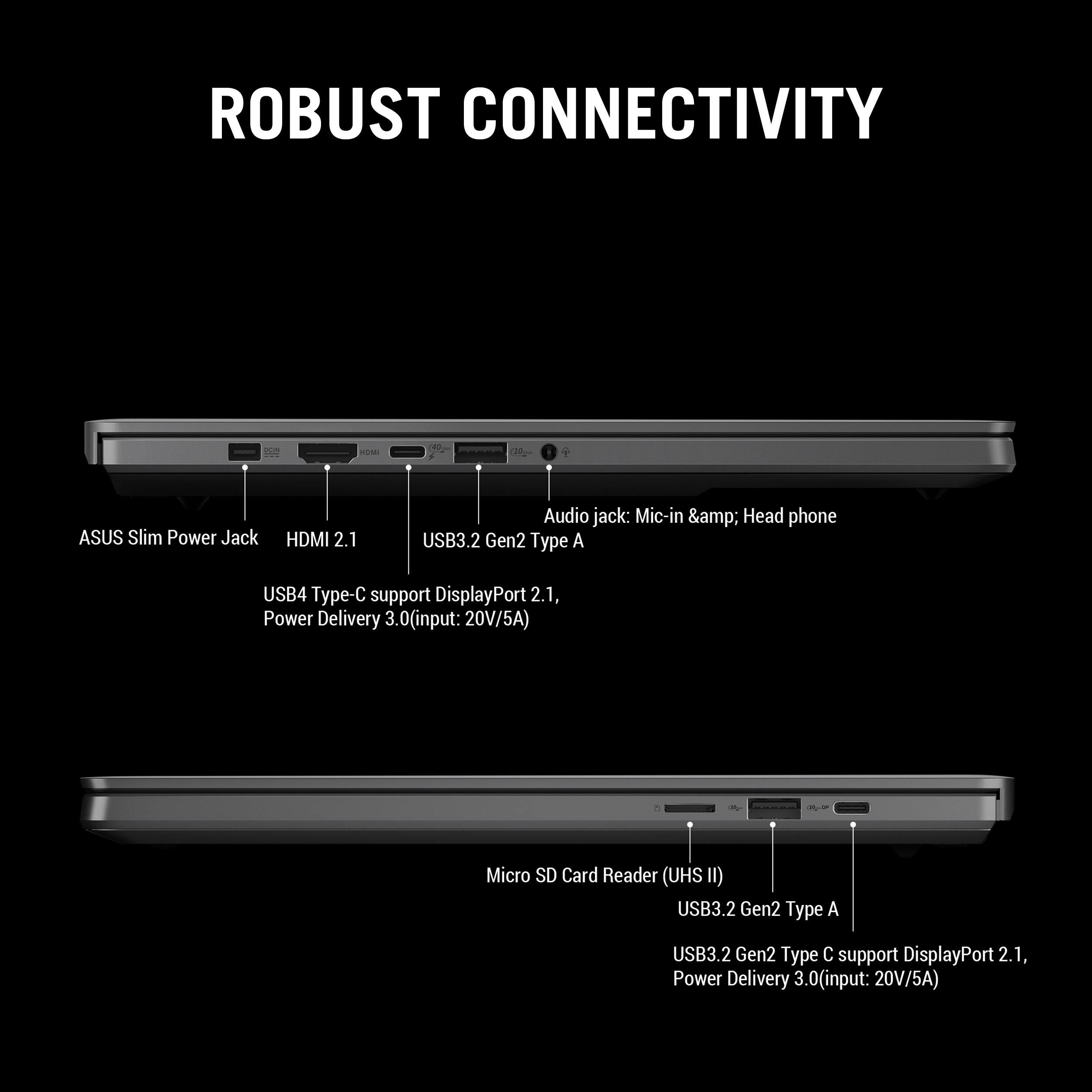 ROBUST CONNECTIVITY:
1. ASUS Slim Power Jack HDMI 2.1
2. Audio jack: Mic-in & Head phone
3. USB3.2 Gen2 Type A
4. USB4 Type-C support
5. DisplayPort 2.1, Power Delivery 3.0 (input: 20V/5A)
6. Micro SD Card Reader (UHS Il)
7. USB3.2 Gen2 Type A
8. USB3.2 Gen2 Type C support
9. DisplayPort 2.1, Power Delivery 3.0 (input: 20V/5A)