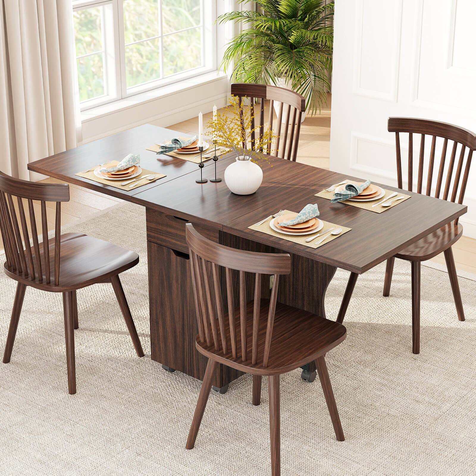 Alt View 4. Costway - Costway Folding Dining Table with Lockable Wheels, 2 Drawers & 2 Cabinets for Small Spaces - Walnut.