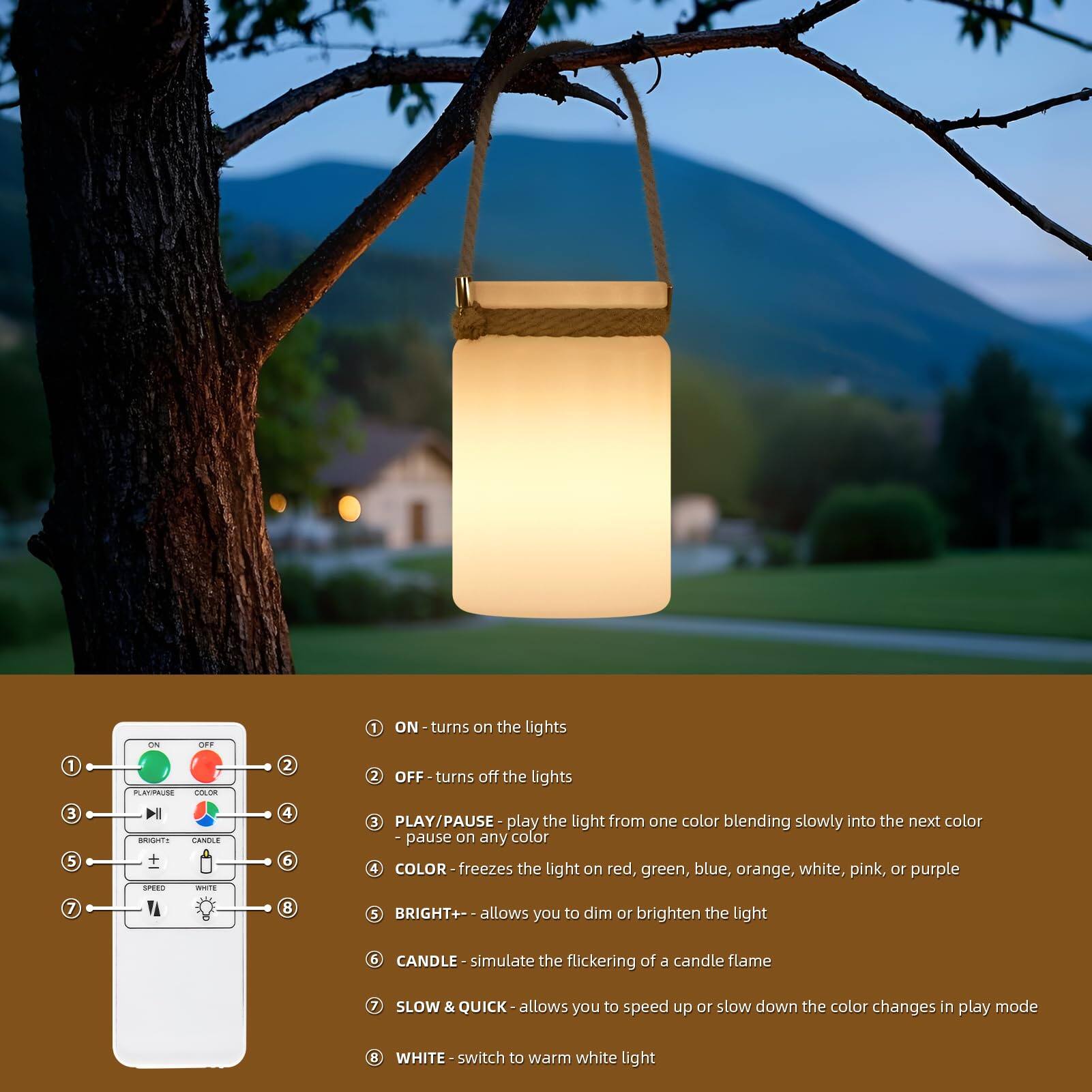 1. ON - turns on the lights  
2. OFF - turns off the lights  
3. PLAY/PAUSE - play the light from one color blending slowly into the next color; pause on any color  
4. COLOR - freezes the light on red, green, blue, orange, white, pink, or purple  
5. BRIGHT+- - allows you to dim or brighten the light  
6. CANDLE - simulate the flickering of a candle flame  
7. SLOW & QUICK - allows you to speed up or slow down the color changes in play mode  
8. WHITE - switch to warm white light