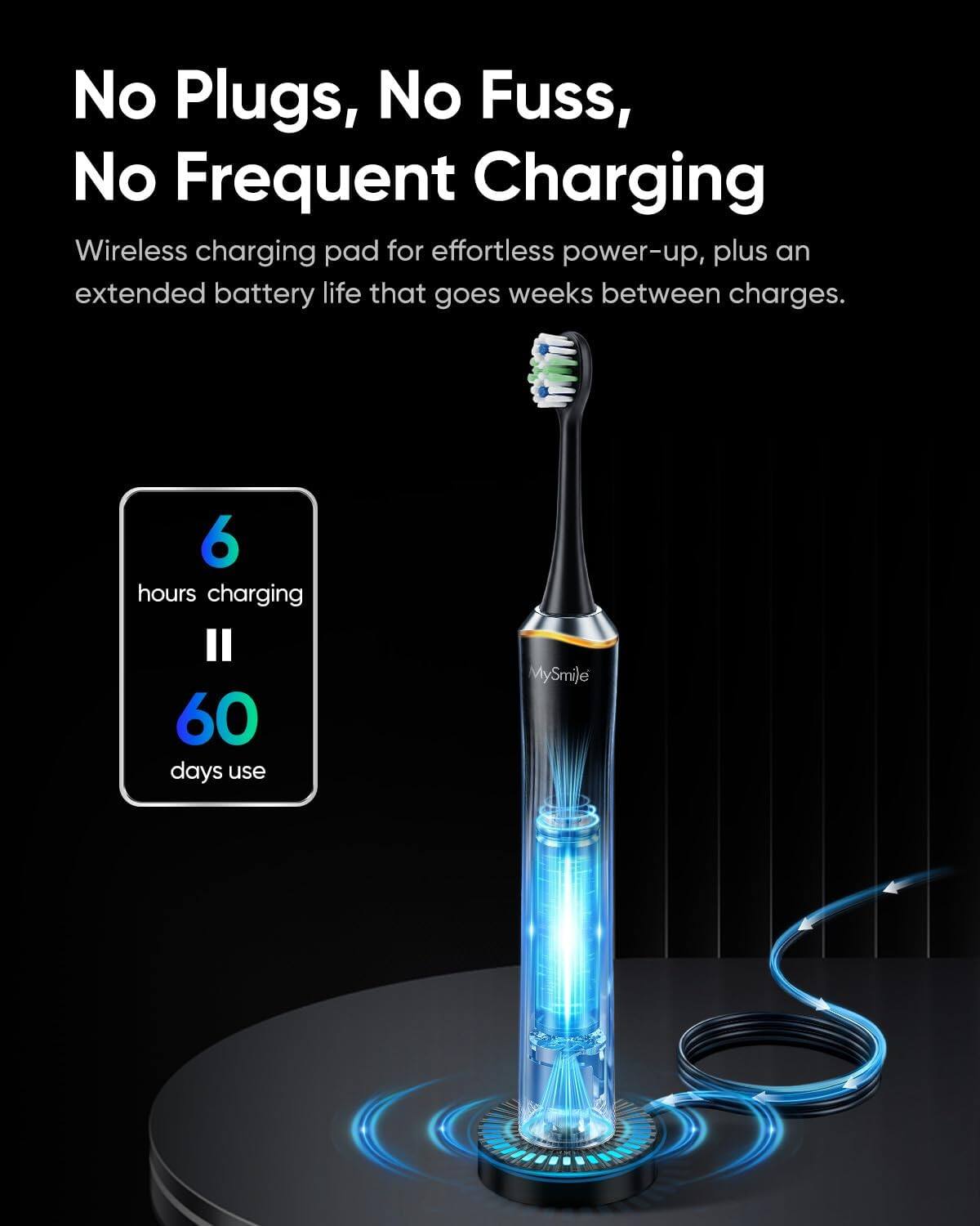No Plugs, No Fuss, No Frequent Charging

Wireless charging pad for effortless power-up, plus an extended battery life that goes weeks between charges.

6 hours charging
60 days use

MySmile