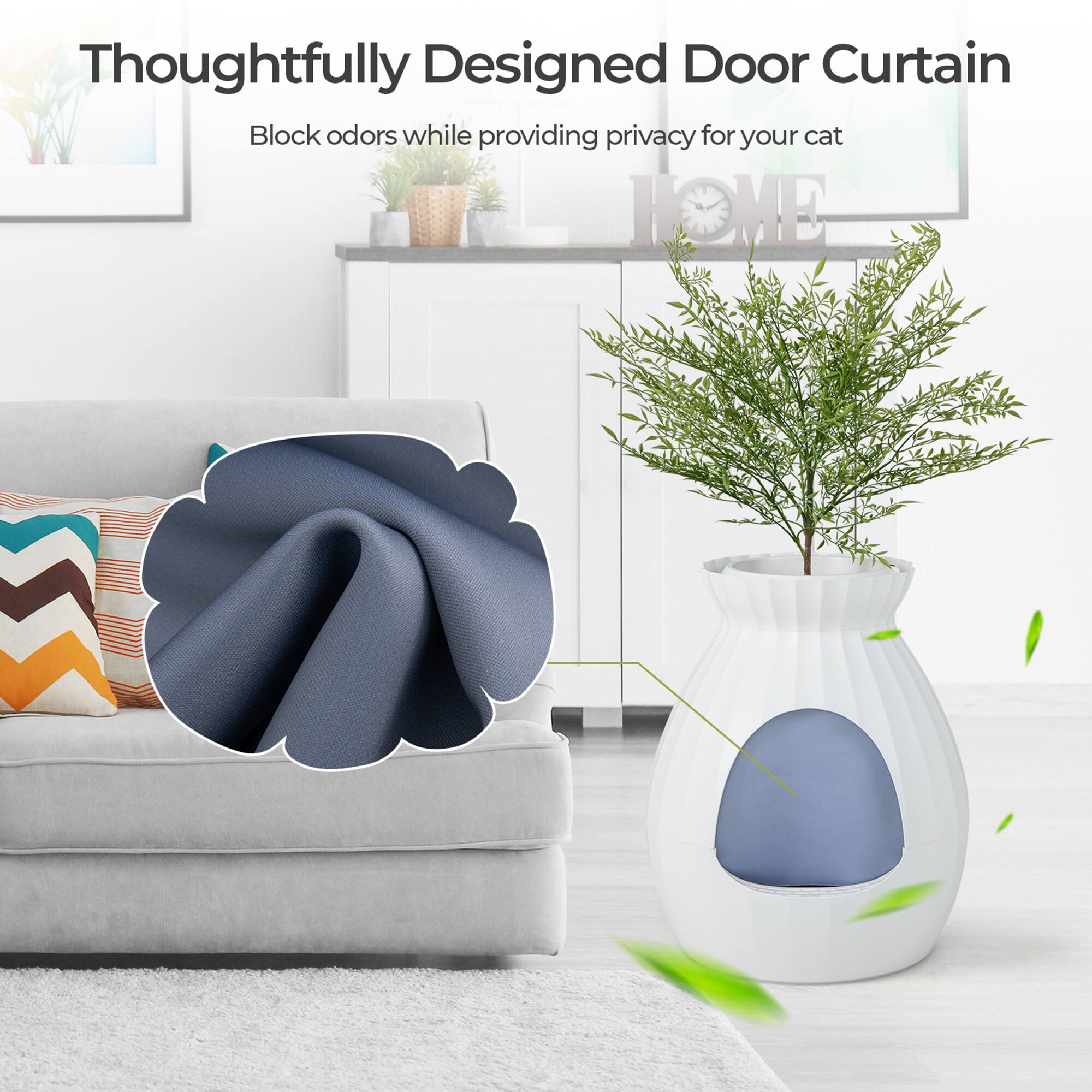 Thoughtfully Designed Door Curtain  
Block odors while providing privacy for your cat