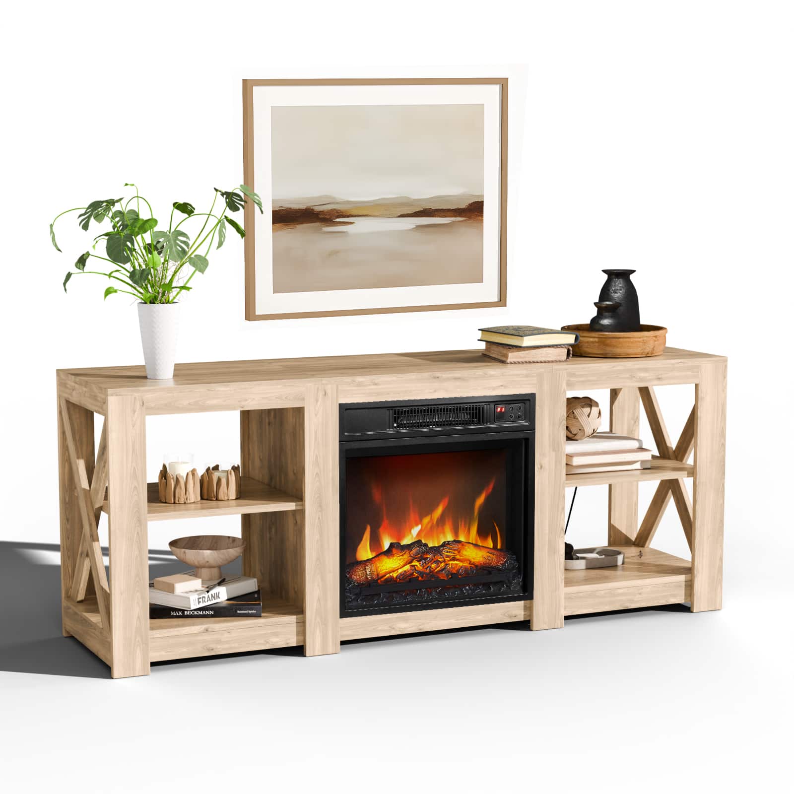 Chateau Abodes - 58" Fireplace TV Stand with Double-Sided Cross Design & 18" Fireplace Core - Oak