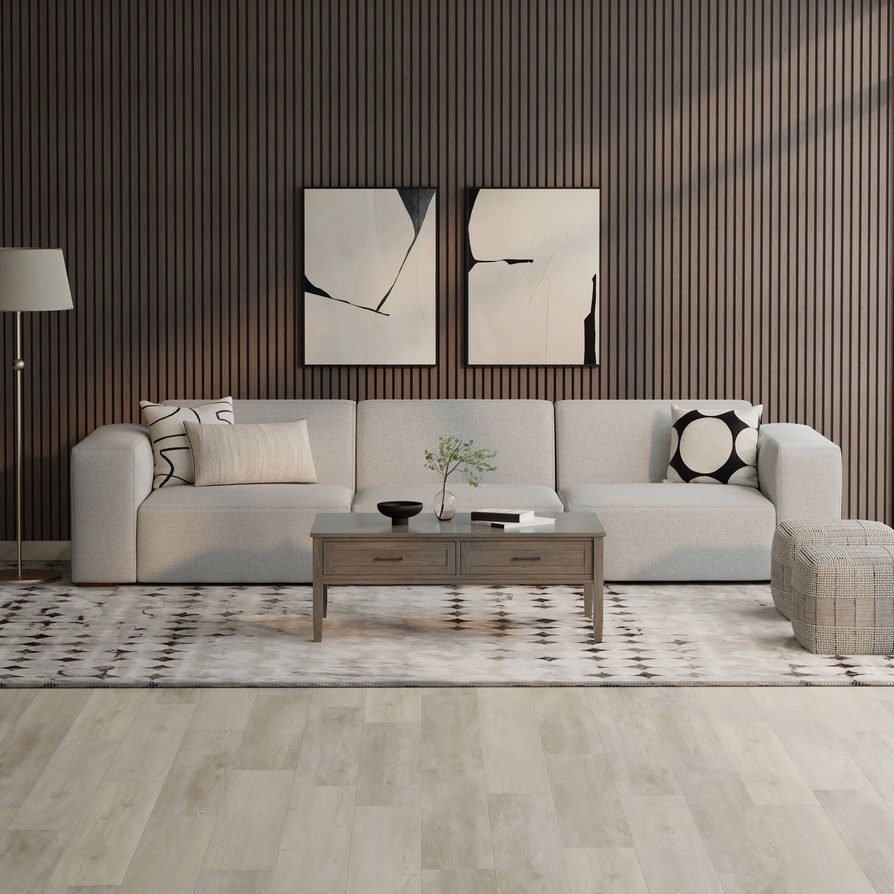 Angle. Simpli Home - Rex 3-Seater Sofa in Tightly Woven Performance Fabric - Pale Grey.