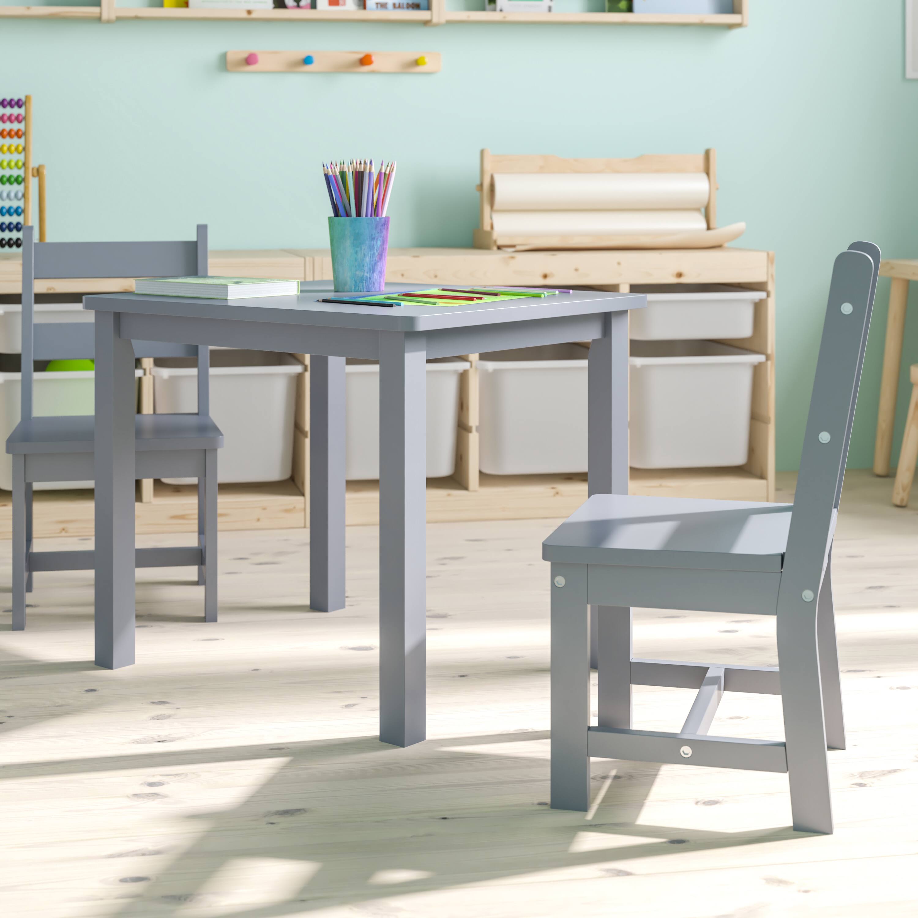 Alt View 5. Emma + Oliver - Kids 3 Piece Solid Hardwood Table and Chair Set for Playroom, Kitchen - Gray.