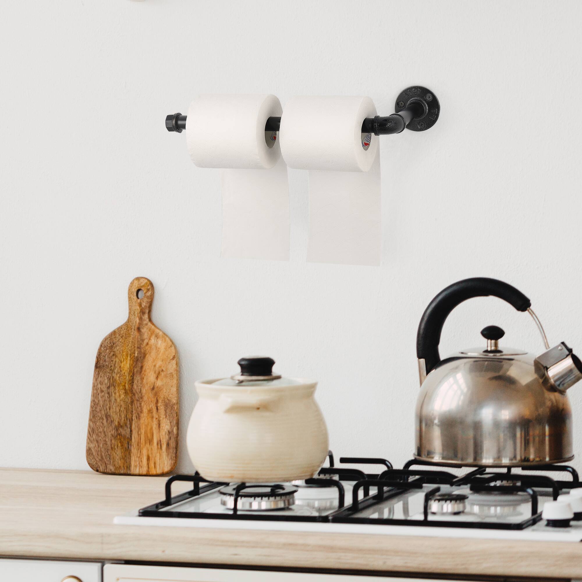Back. Oumilen - Industrial Cast Iron Wall Mount Paper Towel Holder, Matte Black Pipe Kitchen Roll Paper Dispenser.