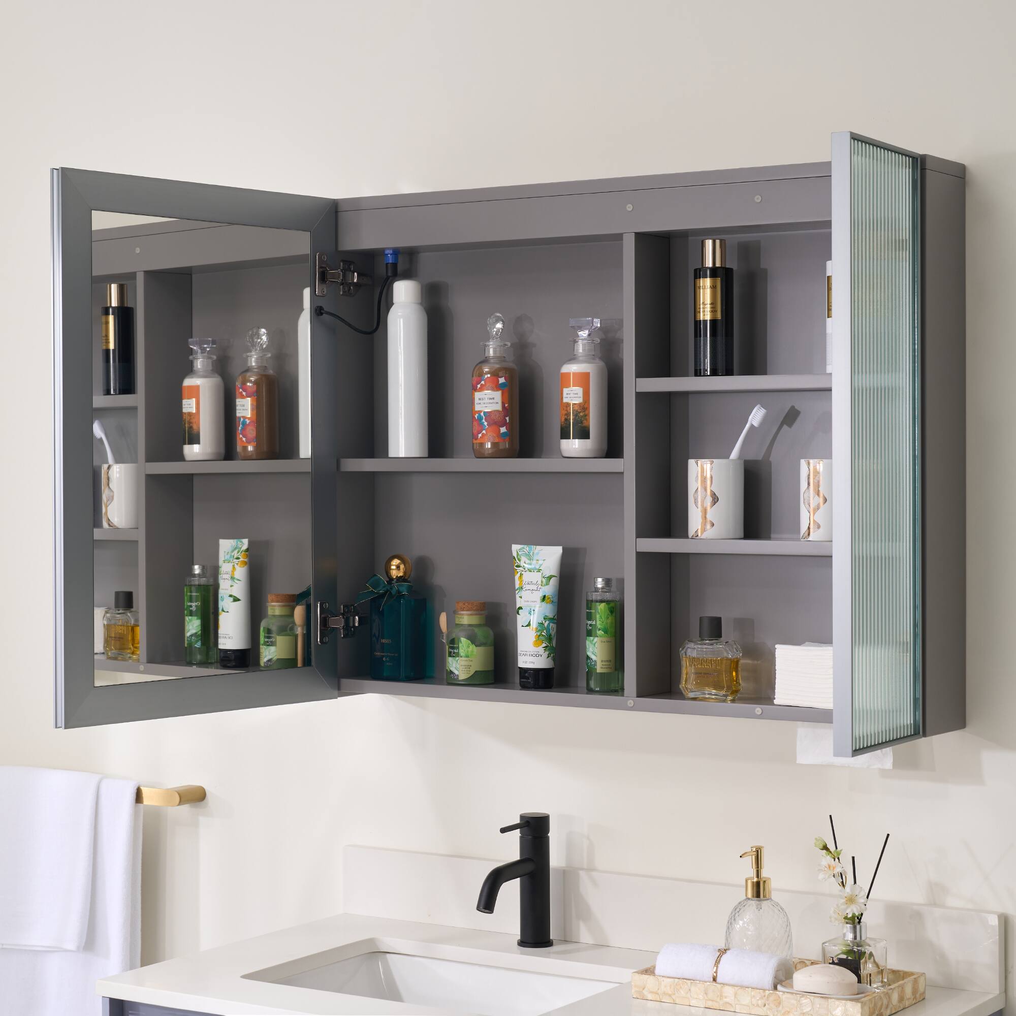 Back. WELLFOR - 36 in. W x 28 in. H Rectangular Dimmable Anti-fog LED Wood Surface Mount Medicine Cabinet with Mirror - Gray.