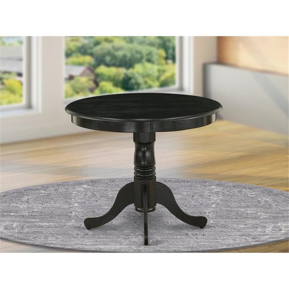 Left. MAGICAL RUBS - Ant-abk-tp Antique Dining Room Table - A Round Kitchen Top With Pedestal Base  36x36 Inch Wirebrushed Black - Natural & Linen White.