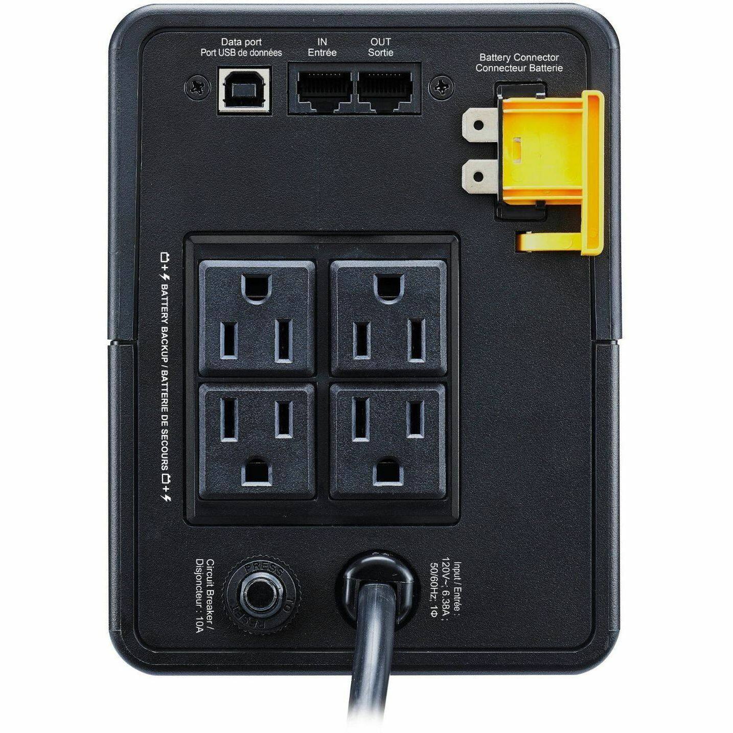 Data port  
Port USB de données  
IN  
Entrée  
OUT  
Sortie  

Battery Connector  
Connecteur Batterie  

BATTERY BACKUP  
BATTERIE DE SECOURS  

Circuit Breaker  
Disjoncteur  
10A  

50/60Hz  
120V-  
6 1 8.38A  

120V- 6.3A  
50/60Hz  
10A