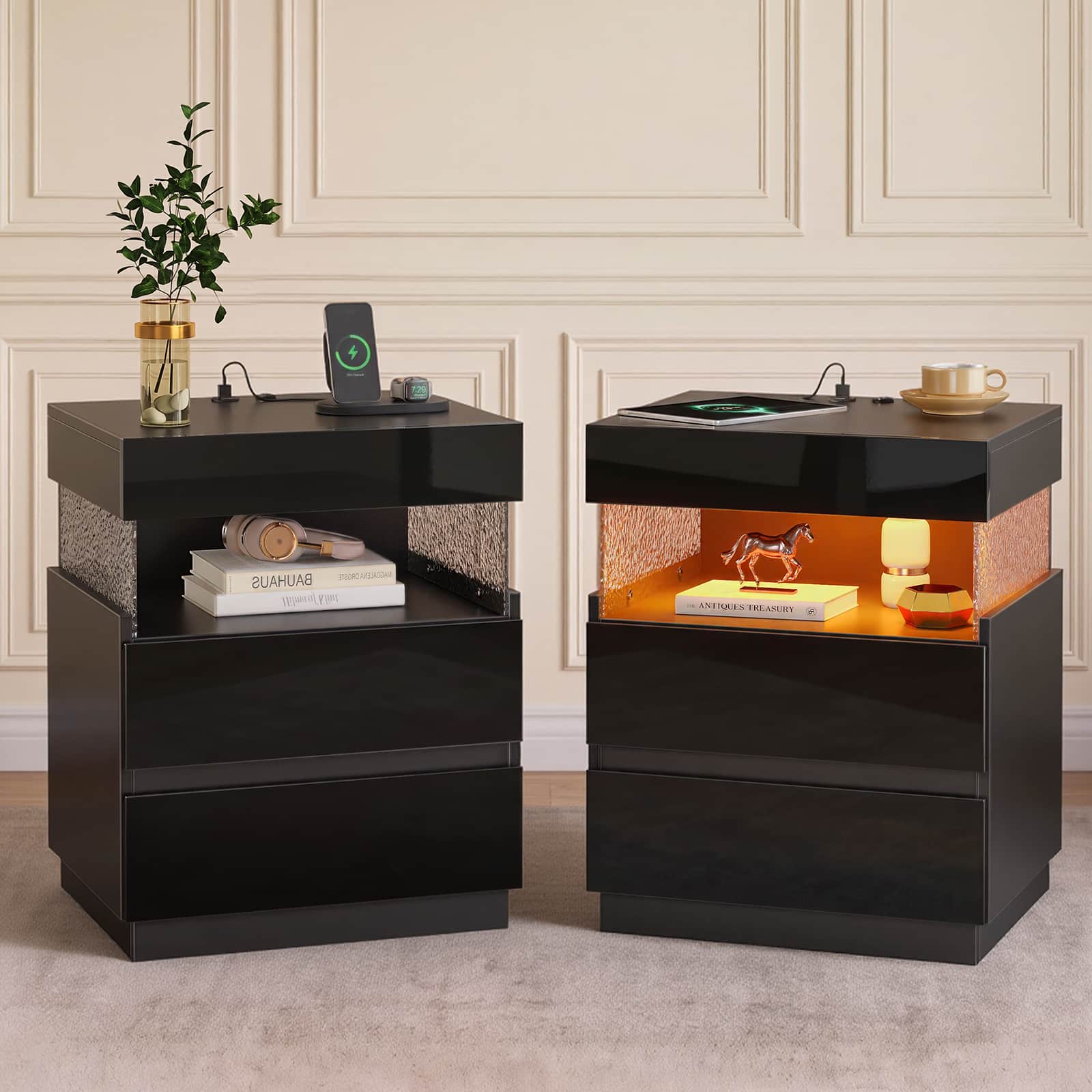 Pinmoco - Modern Nightstands with 2-Drawer Nightstand, Bedside Table with Charging Ports, Nightstand Set for Bedroom Decor - Black