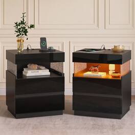 Pinmoco - Modern Nightstands with 2-Drawer Nightstand, Bedside Table with Charging Ports, Nightstand Set for Bedroom Decor - Black