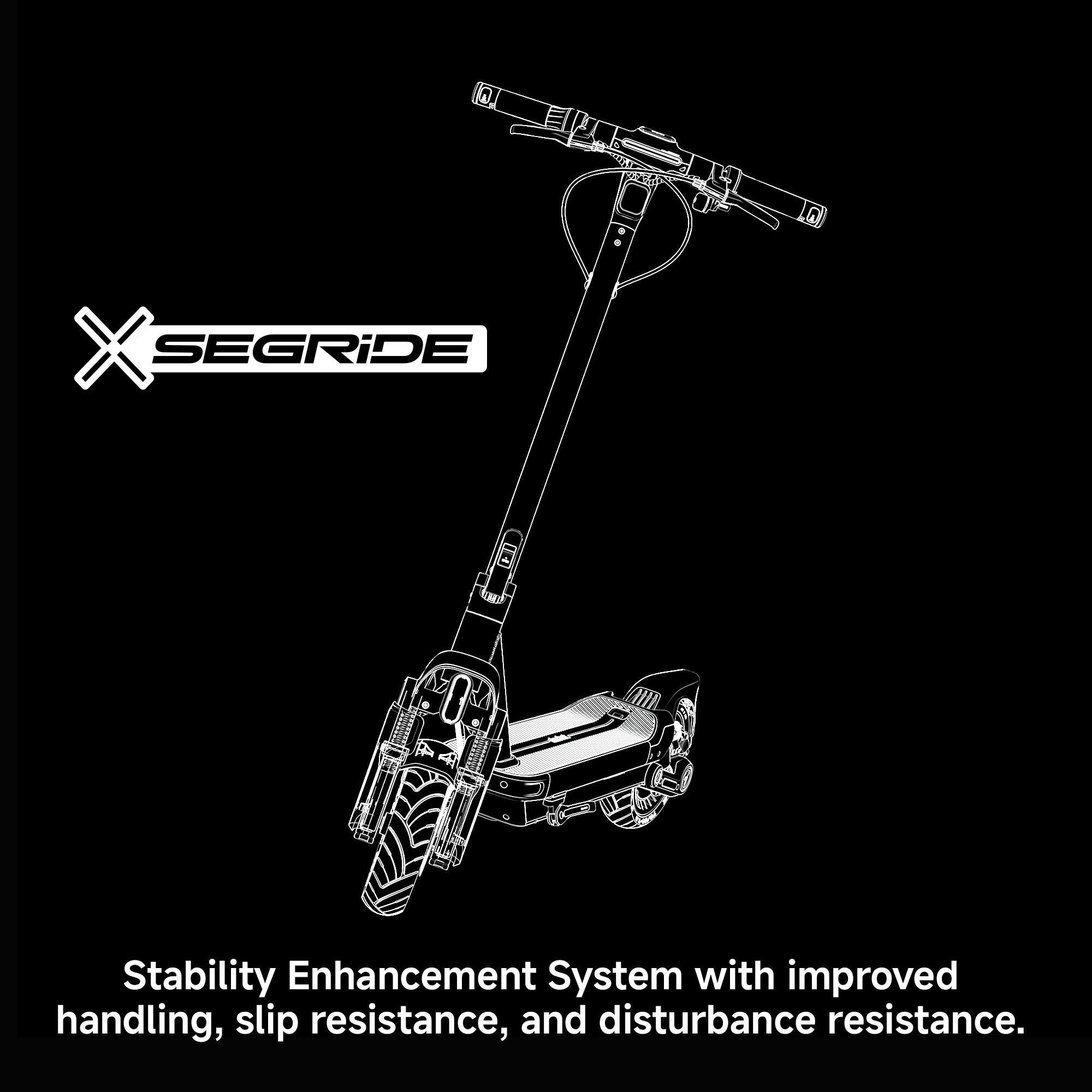 The text on the image reads: "X Segride Stability Enhancement System with improved handling, slip resistance, and disturbance resistance."