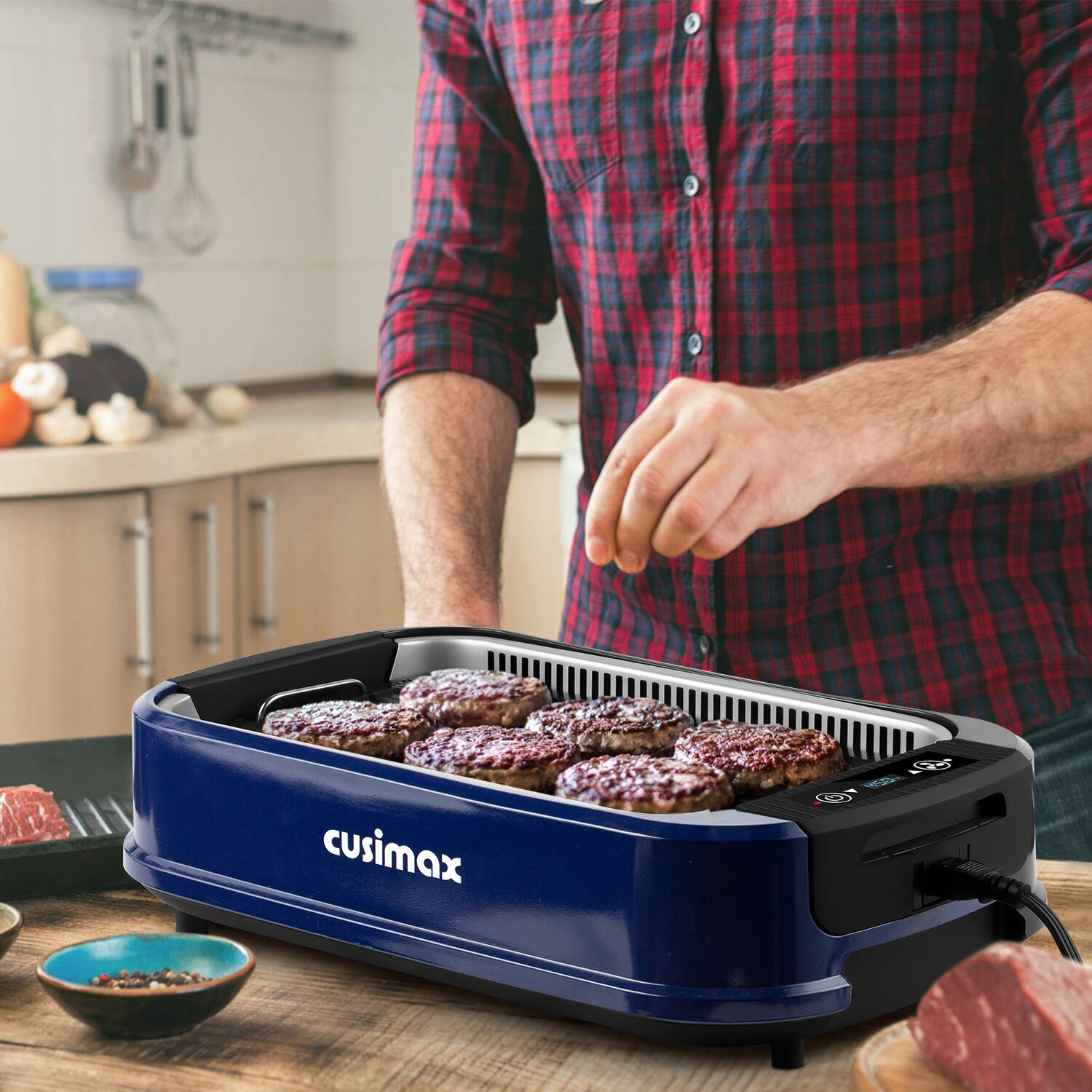 Alt View 4. Cusimax - Electric Indoor Smokeless Portable Grill Nonstick Removable Pan 1500W Cooktop For Home Party Solo Fun - Blue.