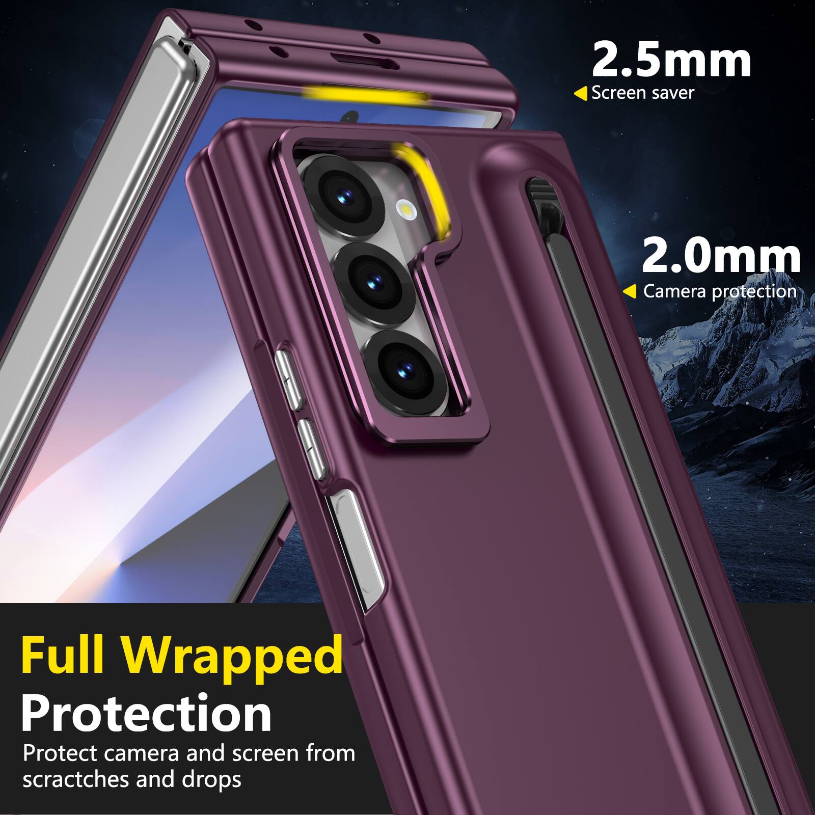2.5mm Screen saver  
2.0mm Camera protection  
Full Wrapped Protection  
Protect camera and screen from scratches and drops