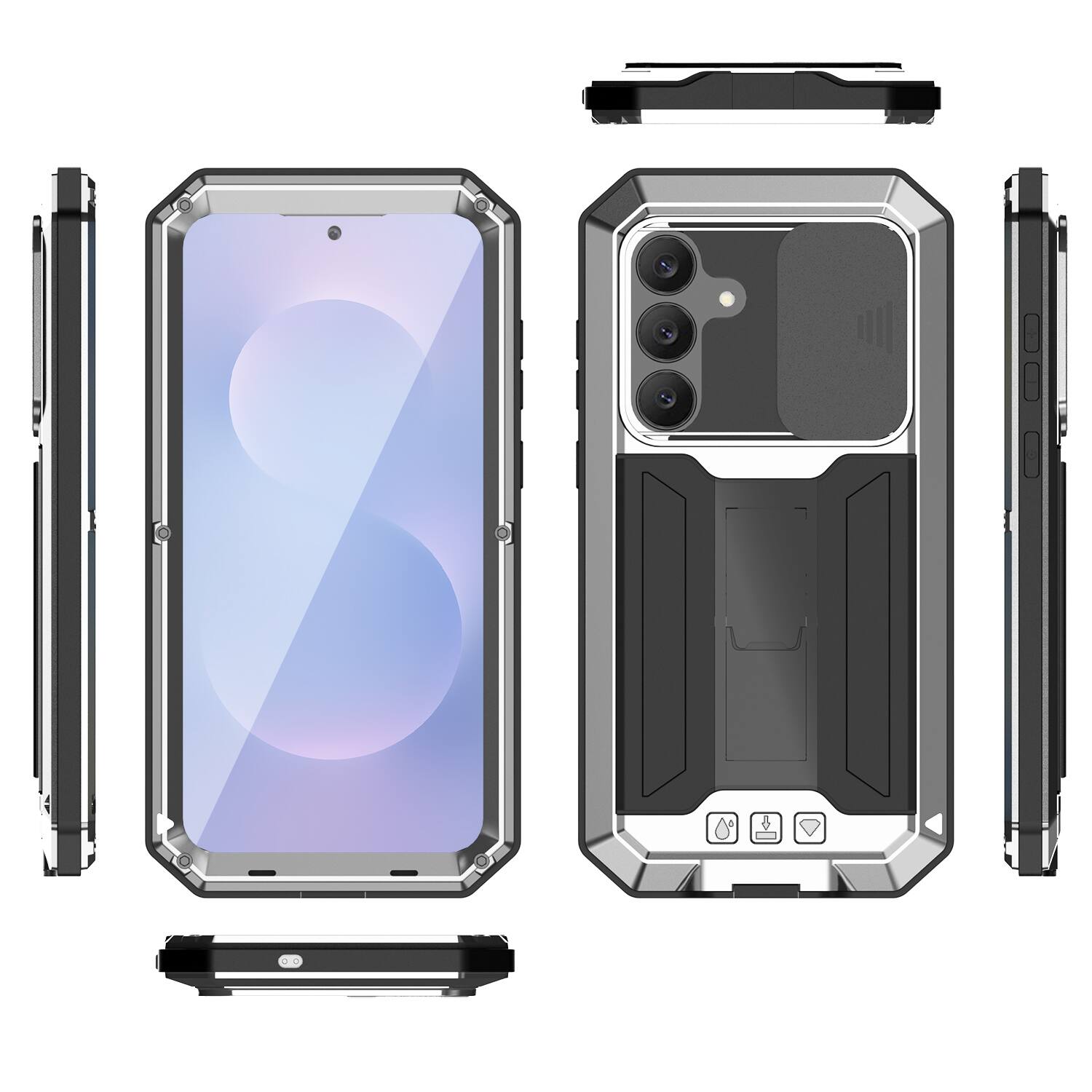 Angle. Dteck - For Samsung Galaxy S26 Kickstand Shockproof Rugged Full Body Case Built-in Screen Protector+Sliding Lens Cover - Silver.
