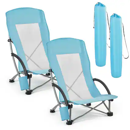 Front. VEVOR - Folding Beach Chair, High Back Camping Chairs for Adults, with Cup Pocket, Mesh Back, Carry Bag - Light Blue.