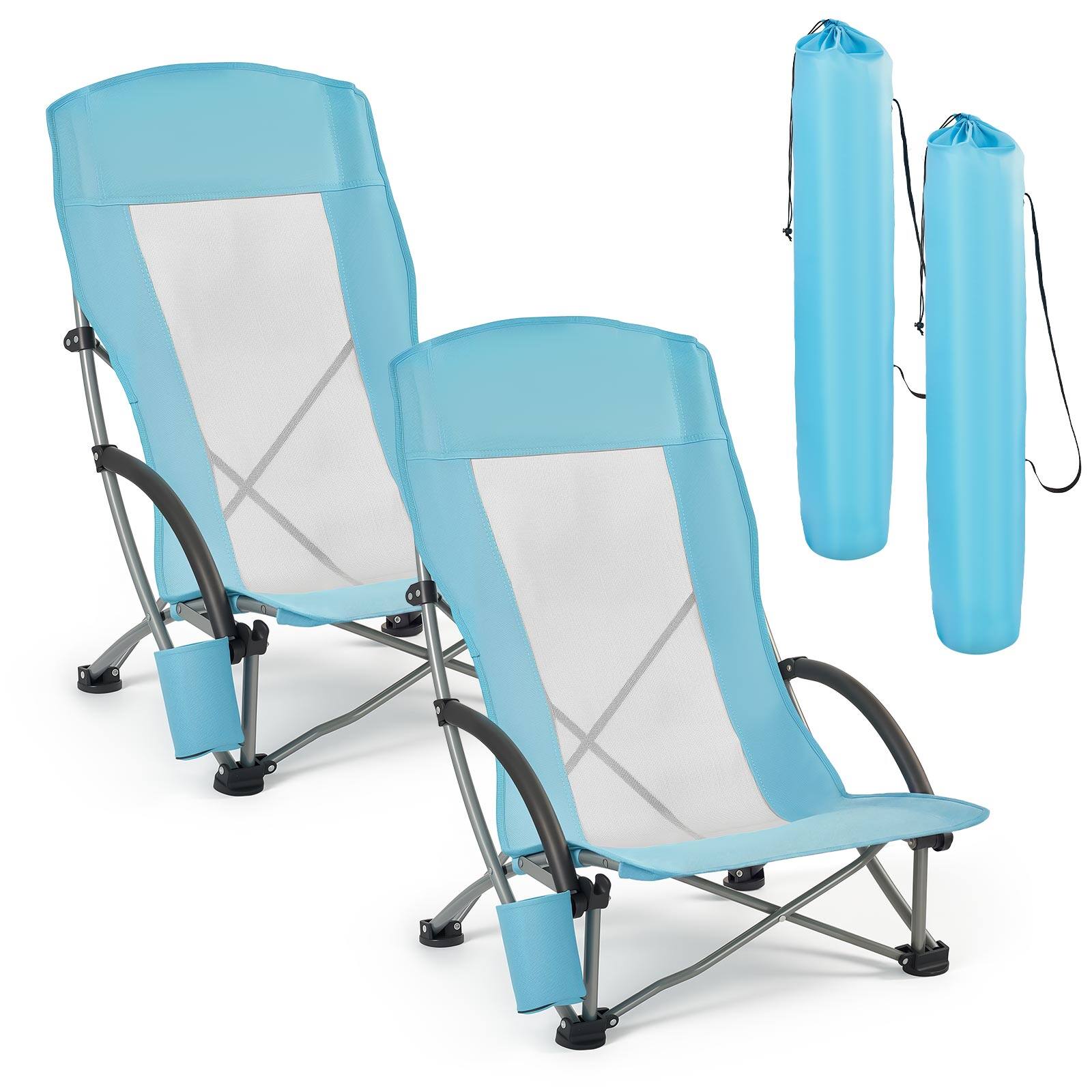 Front. VEVOR - Folding Beach Chair, High Back Camping Chairs for Adults, with Cup Pocket, Mesh Back, Carry Bag - Light Blue.