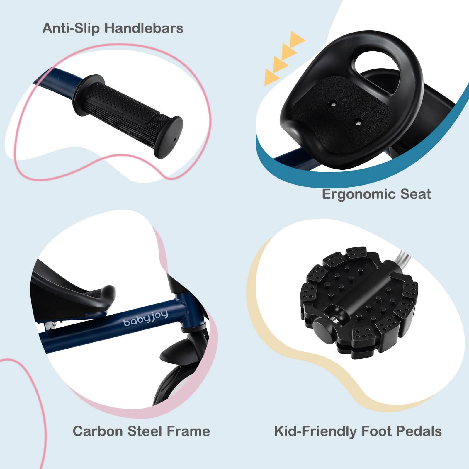 Anti-Slip Handlebars  
Ergonomic Seat  
Carbon Steel Frame  
Kid-Friendly Foot Pedals