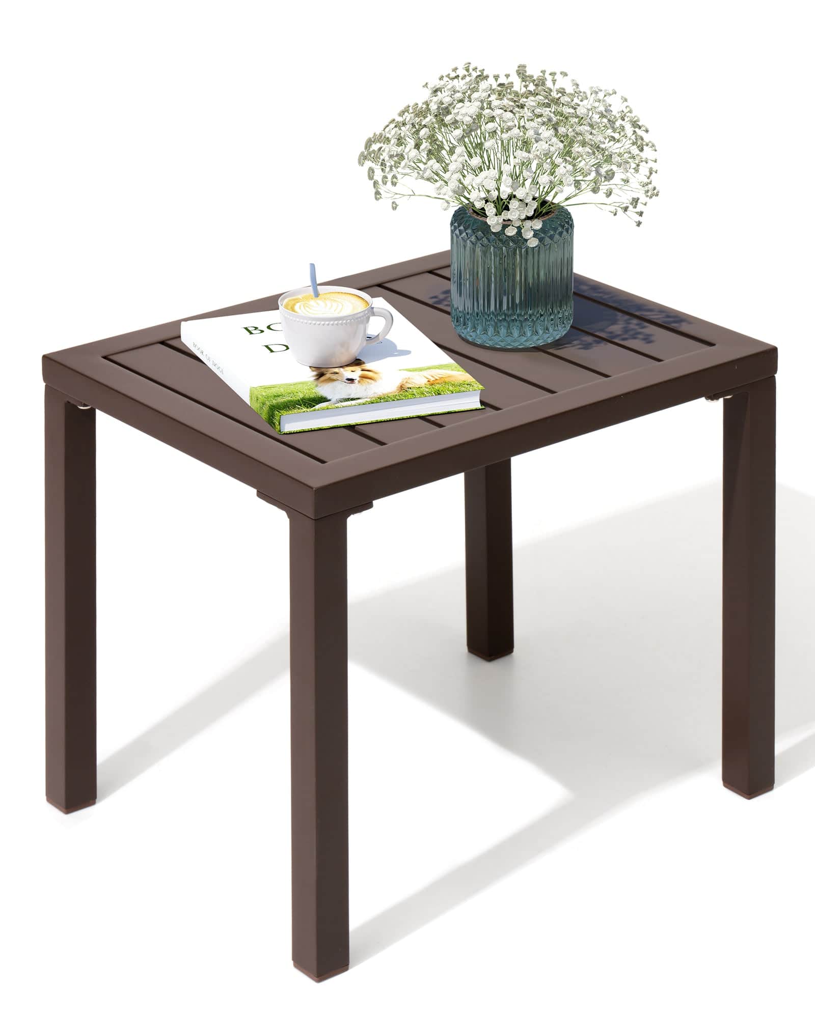 Crestlive Products - Aluminum Rectangular Patio Side Table, Small Outdoor Bistro Coffee Table - Brown
