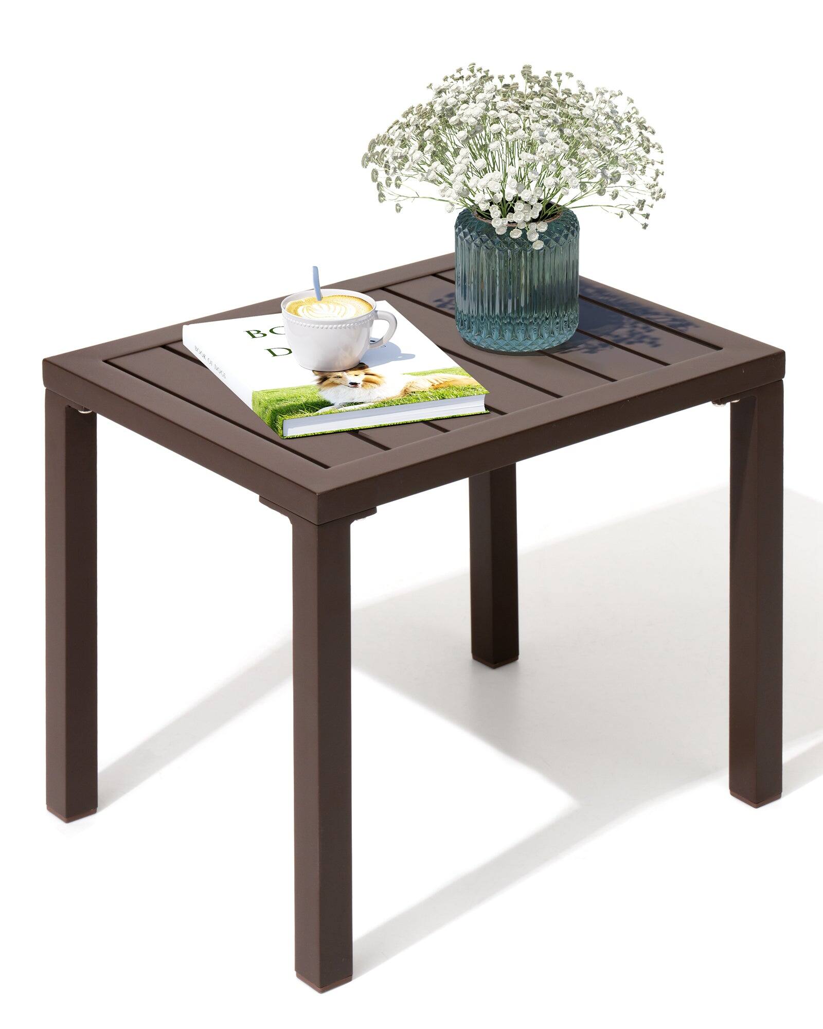 Front. Crestlive Products - Crestlive Products Aluminum Rectangular Patio Side Table, Small Outdoor Bistro Coffee Table - Brown.
