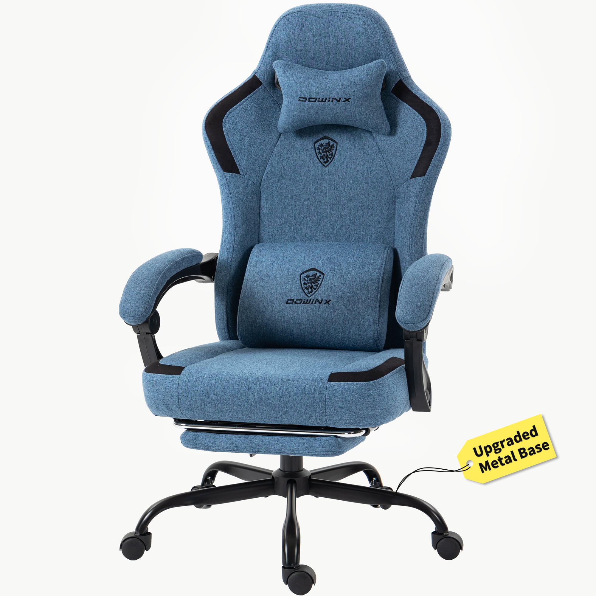 Dowinx - Gaming Chair Fabric Breathable with Retractable Footrest, Ergonomic Office Chair with Lumbar Support and Headrest - Blue