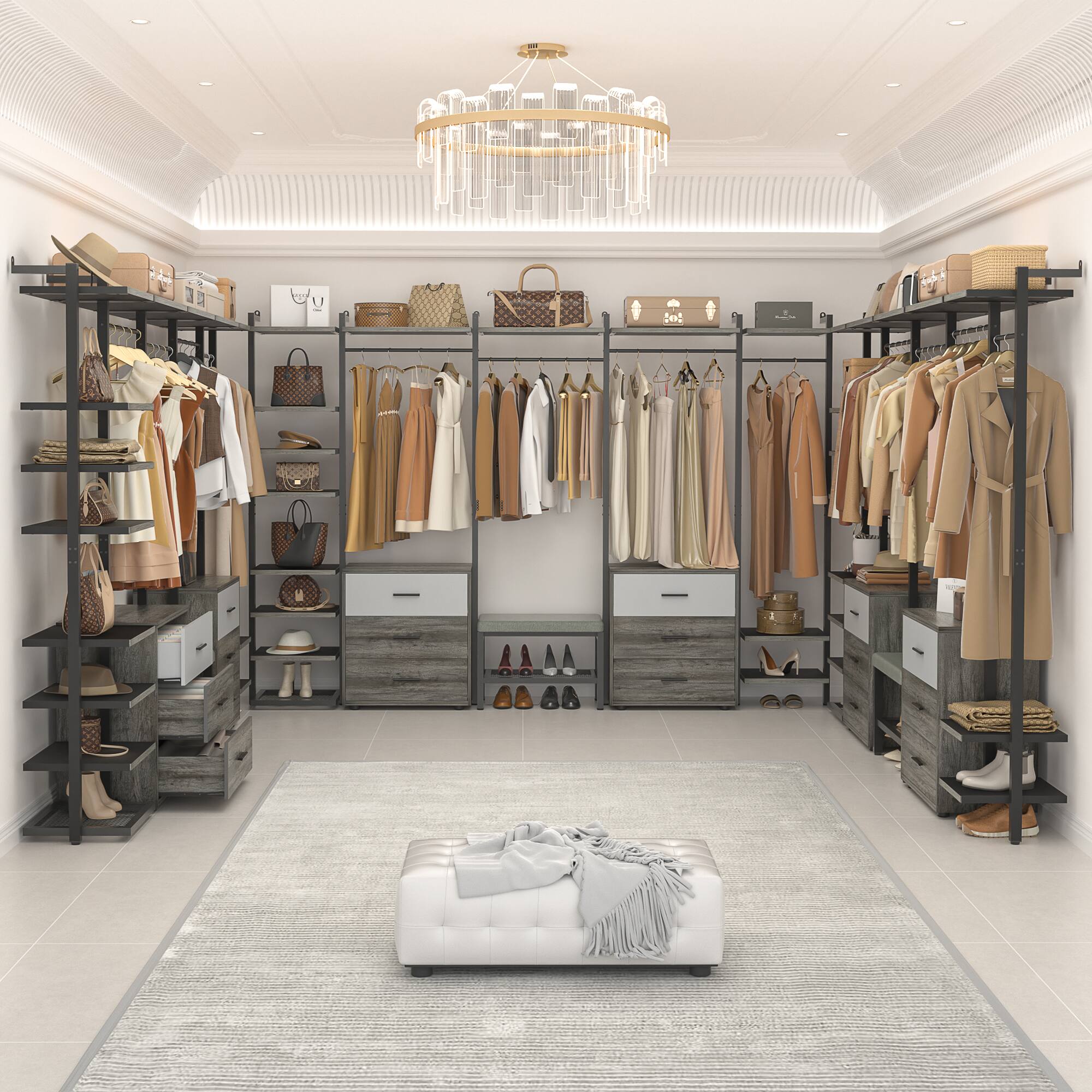 Angle. Aheaplus - 8FT Wood Closet Organizer with 6 Drawers and Hanging Rack for Bedroom Storage - Black Oak.