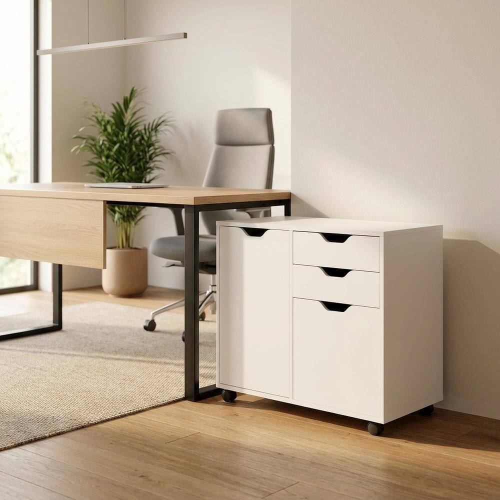 Alt View 7. FurniFact - Composite Wood Home Office Floor Cabinet with Filing Drawer - White.