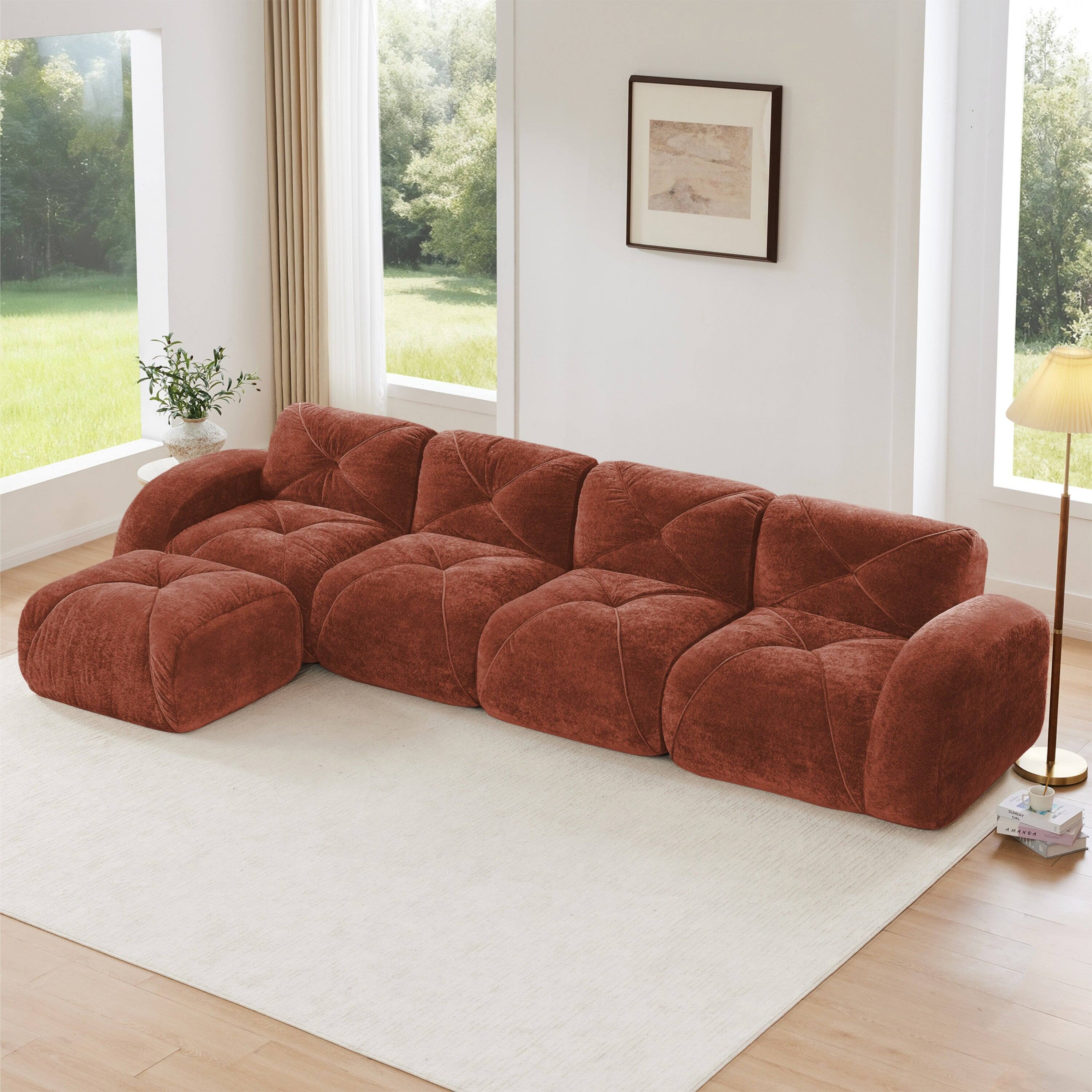 Alt View 2. Boyel Living - L Shaped Velvet Tufted Sofa Movable Ottoman 32D HD Sponge Ergonomic Anti Slip Free Combo No Assembly Living Room Red - Red.