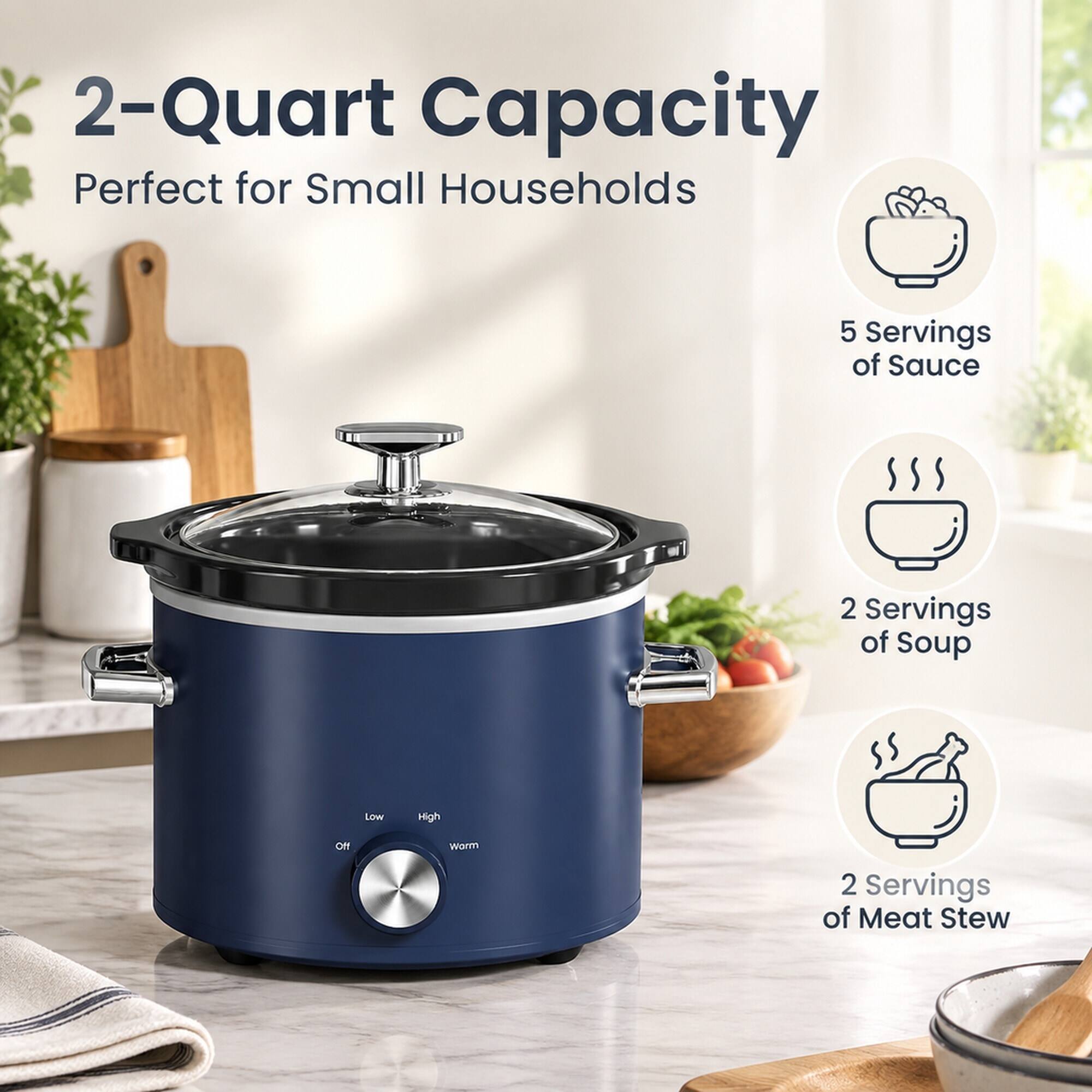 2-Quart Capacity
Perfect for Small Households

5 Servings of Sauce
2 Servings of Soup
2 Servings of Meat Stew

Low
High
Off
Warm