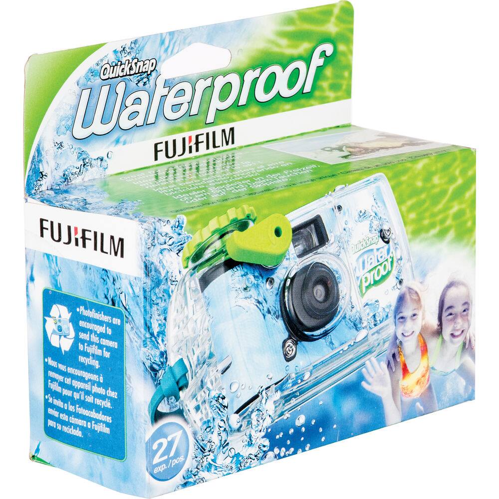 QuickSnap Waterproof FUJIFILM Preze der skipile. bdeY FUJIFILM guicksnap proof Photofinishers are encouraged to send this camera to Fujifilm for recycling. Nous vous encourageons à renvoyer cet appareil photo chez Fujifilm pour qu'il soit recyclé. Se envíe esta cámara a Fujifilm para su reciclado. Fujifilm 27 exp. pos.