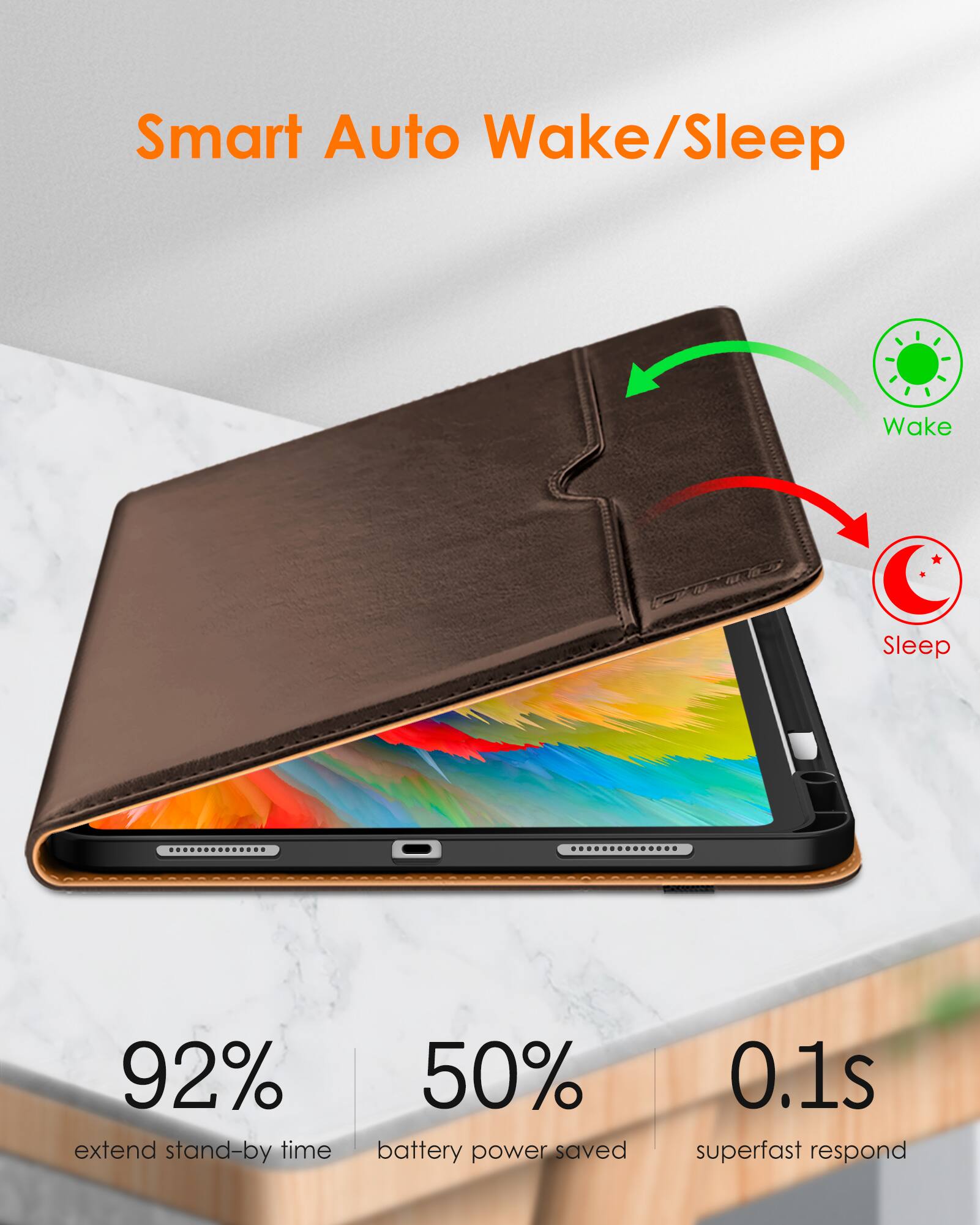 Smart Auto Wake/Sleep

- 92% extend stand-by time
- 50% battery power saved
- 0.1s superfast respond

Wake
Sleep