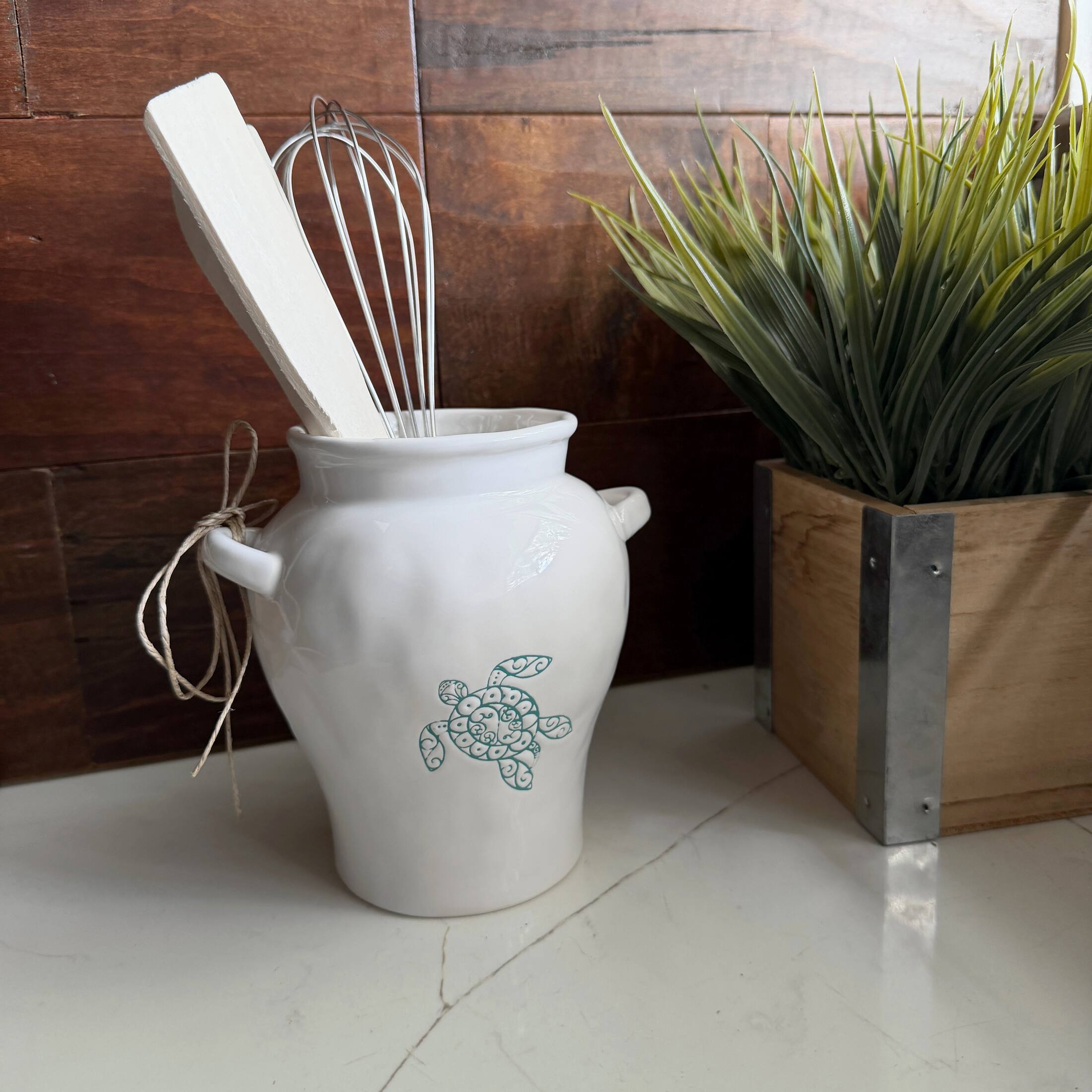 Alt View 6. Fancy That - Sea Turtle Ceramic Kitchen Utensil Holder White Glossy 10.5 Inch Tall - White.