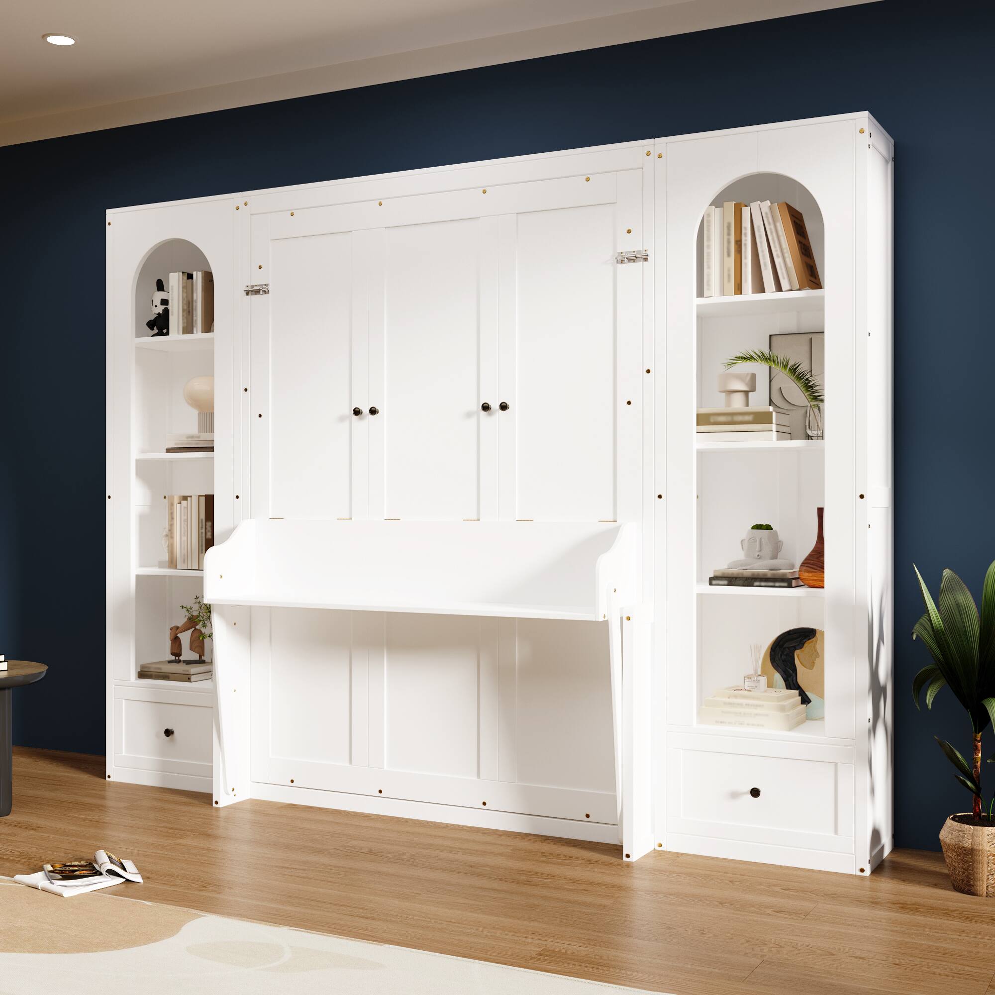 Left. Whisen - Queen Size Murphy Bed with Shelves, Storage Cabinets, Drawers & LED Lights, Wood Platform Bed - White.