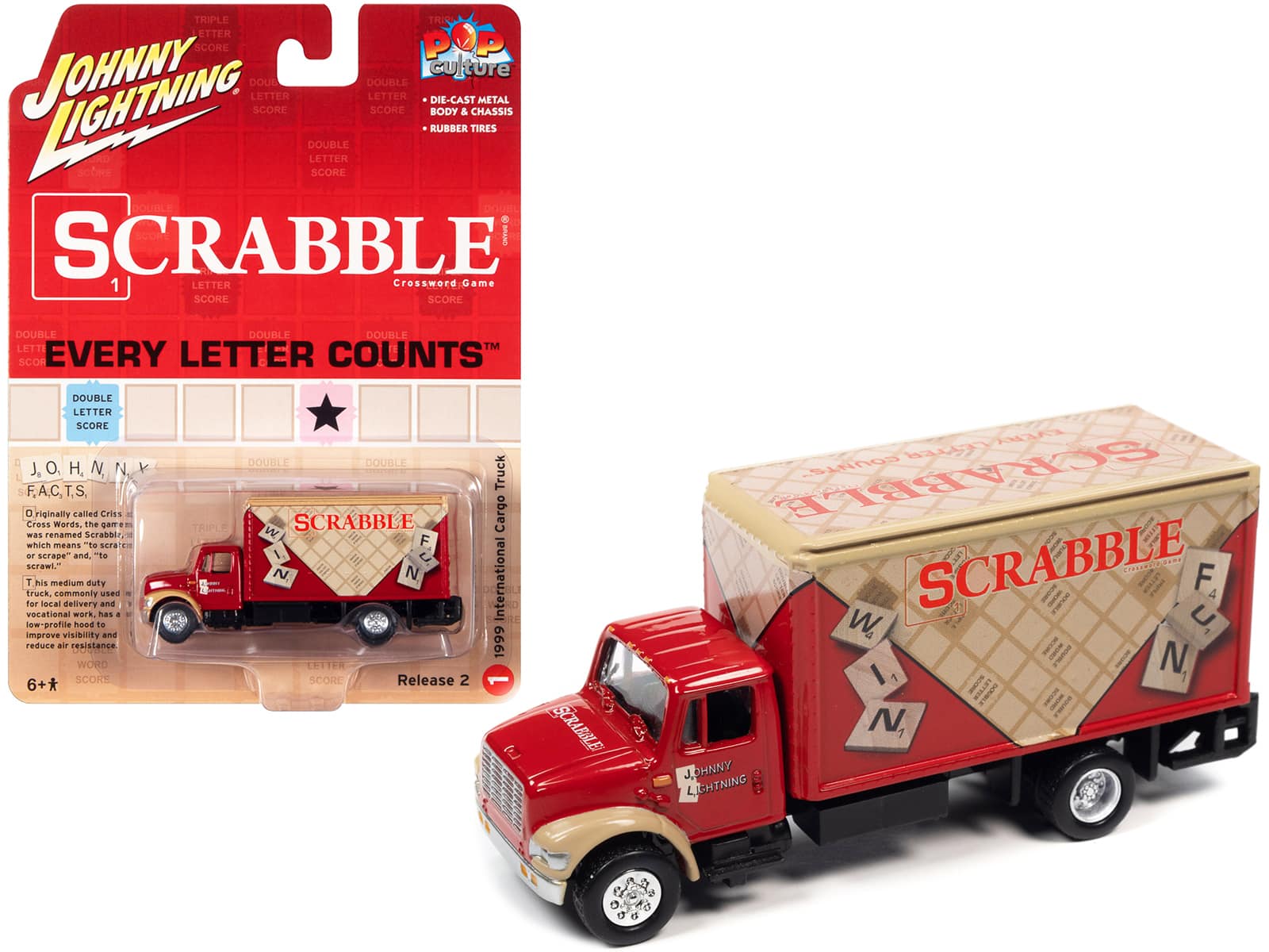 "1999 International Cargo Truck Red w/Graphics ""Scrabble"" ""Pop Culture"" 2022 Release 2 1/64 Model Car by Johnny Lightning" price history on PriceWatchPro
