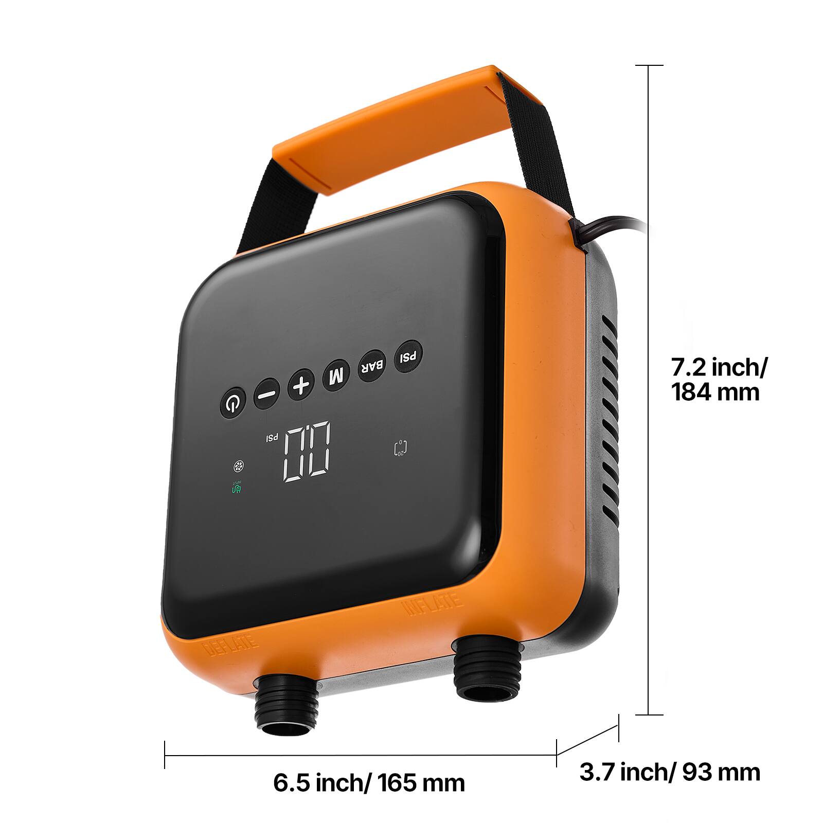 - PSI BAR
- M
- 7.2 inch / 184 mm
- P8
- 2
- DEFLATE INFLATE
- 6.5 inch / 165 mm
- 3.7 inch / 93 mm