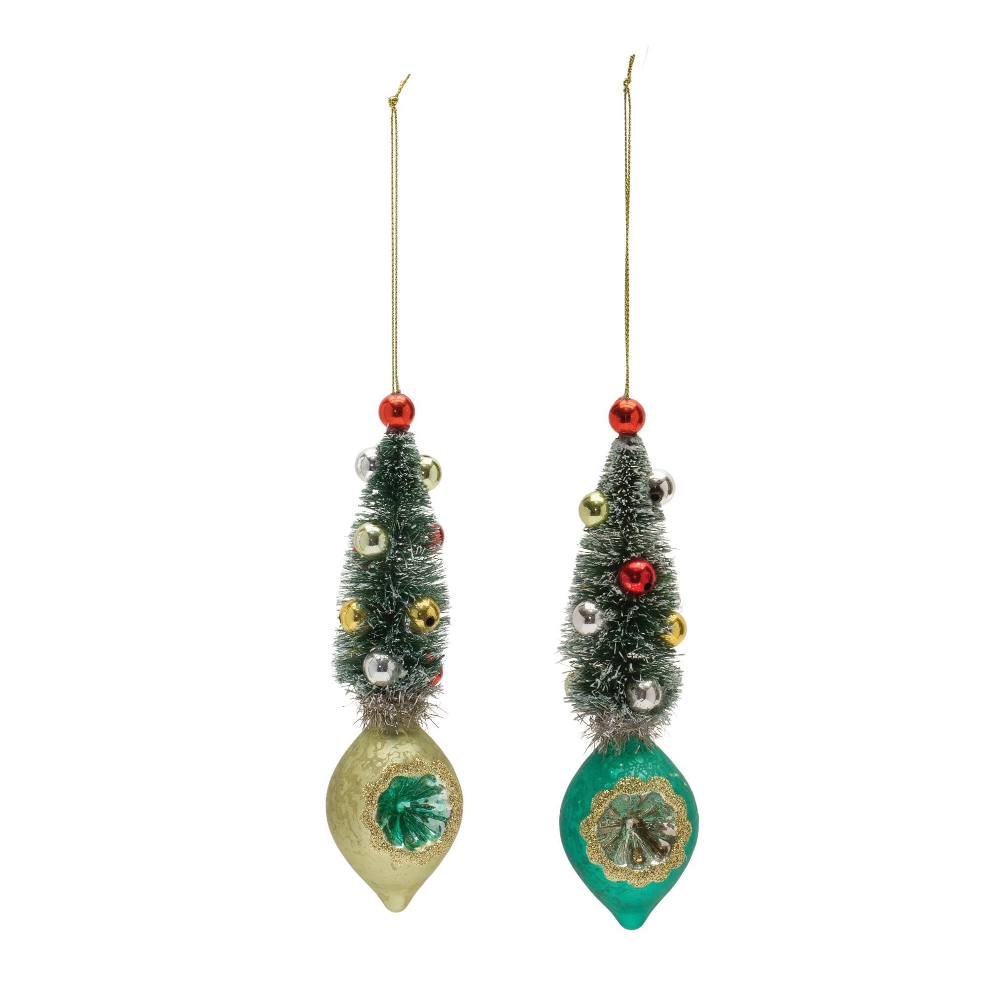 Angle. BreeBe - Pine Tree Reflector Drop Ornament (Set of 12) - Green, Gold, Red.