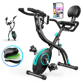 MERACH - 4-in-1 Exercise Bike Quiet Folding Magnetic Upright Bikes with Arm Resistance Bands Home Workout Use,16 Levels - Blue